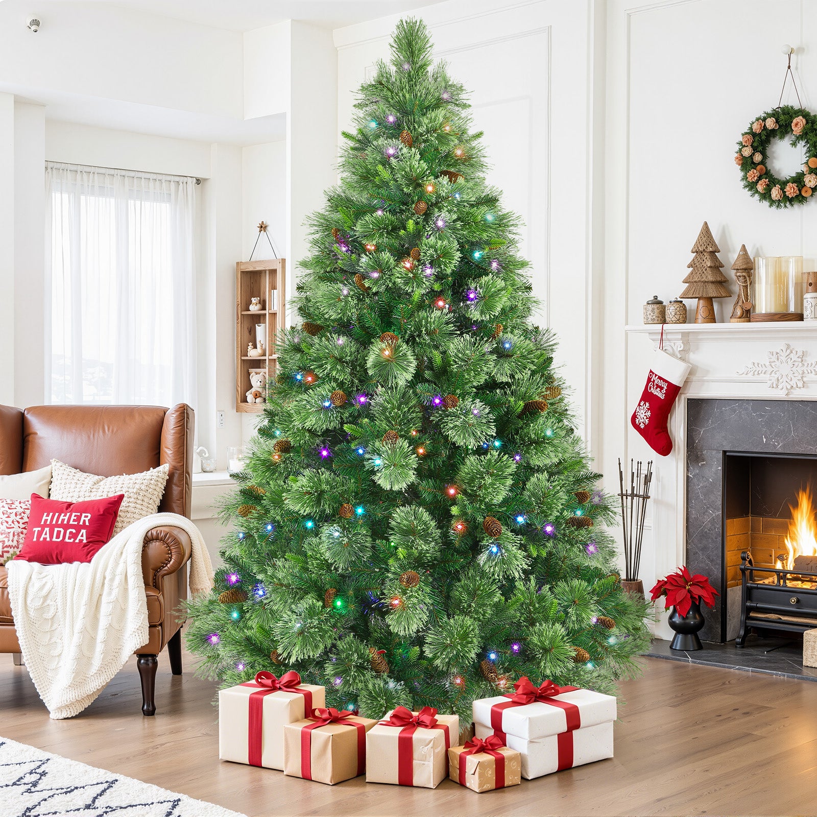 Prelit RGB Lights Carolina Pine Artificial Christmas Pine Trees with Remote - SHareconn