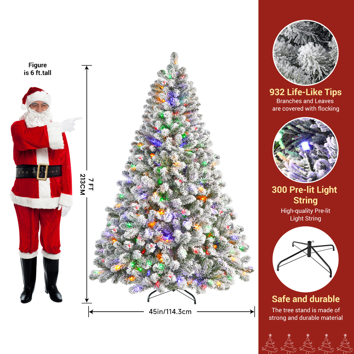 7ft white flocked artificial Christmas tree with multi-color lights by SHareconn, decorated with pine branches.