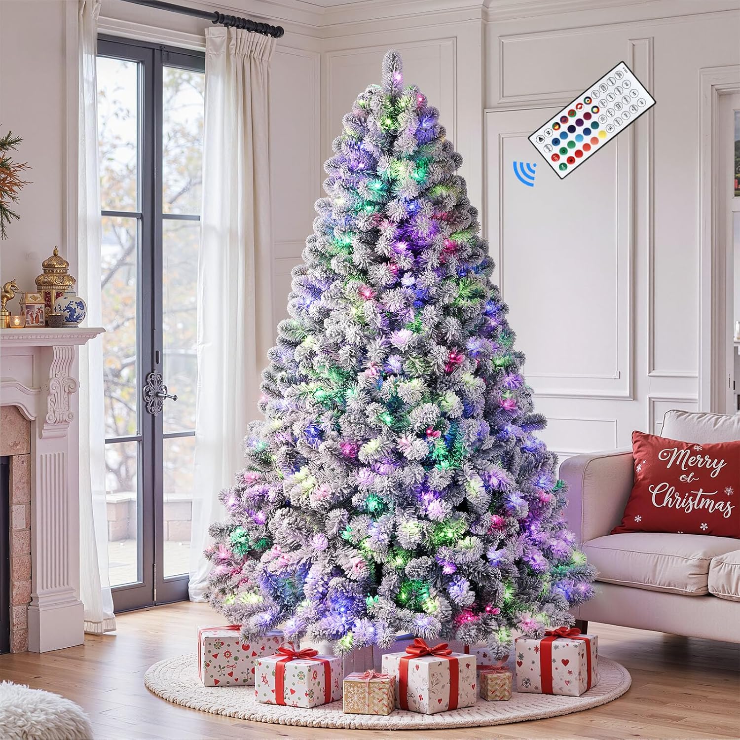 Snow Flocked Spruce Artificial Christmas Trees with RGB Lighting 106 Modes