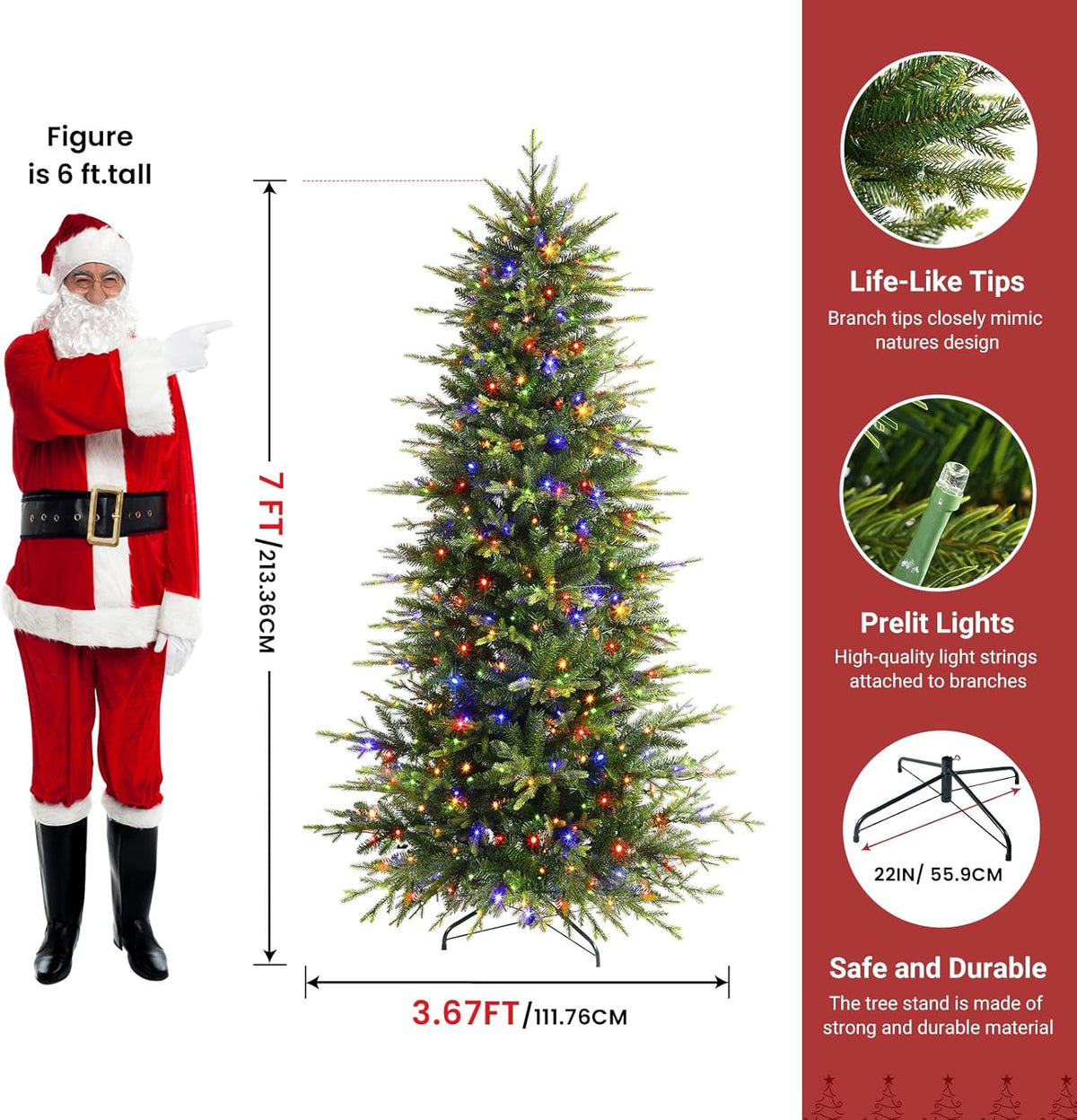 7ft Aspen Slim Noble Fir Christmas Tree by Shareconn with 2-in-1 warm white and multicolor twinkling lights on a lush green tree