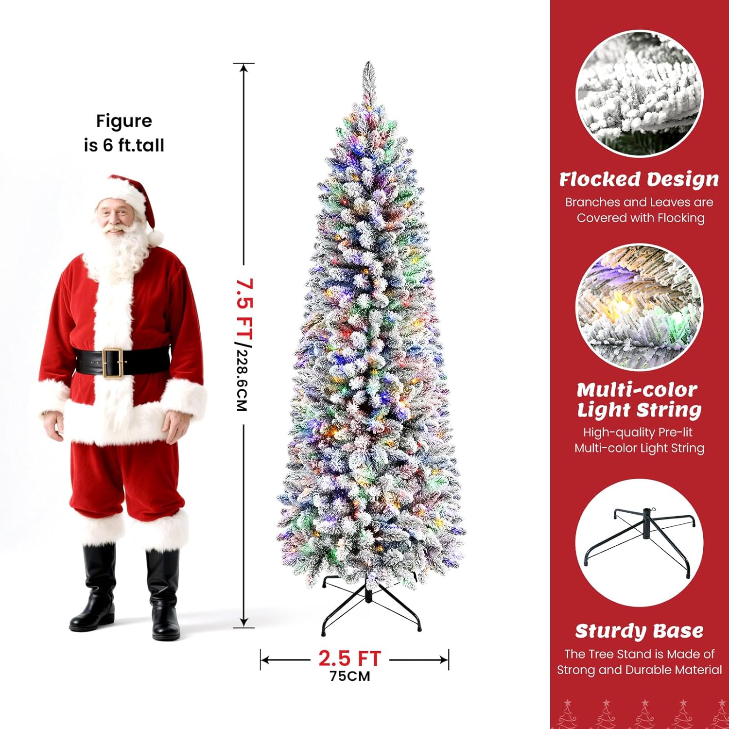 Flocked Pencil Spruce Artificial Christmas Trees with Multi Color Ligts