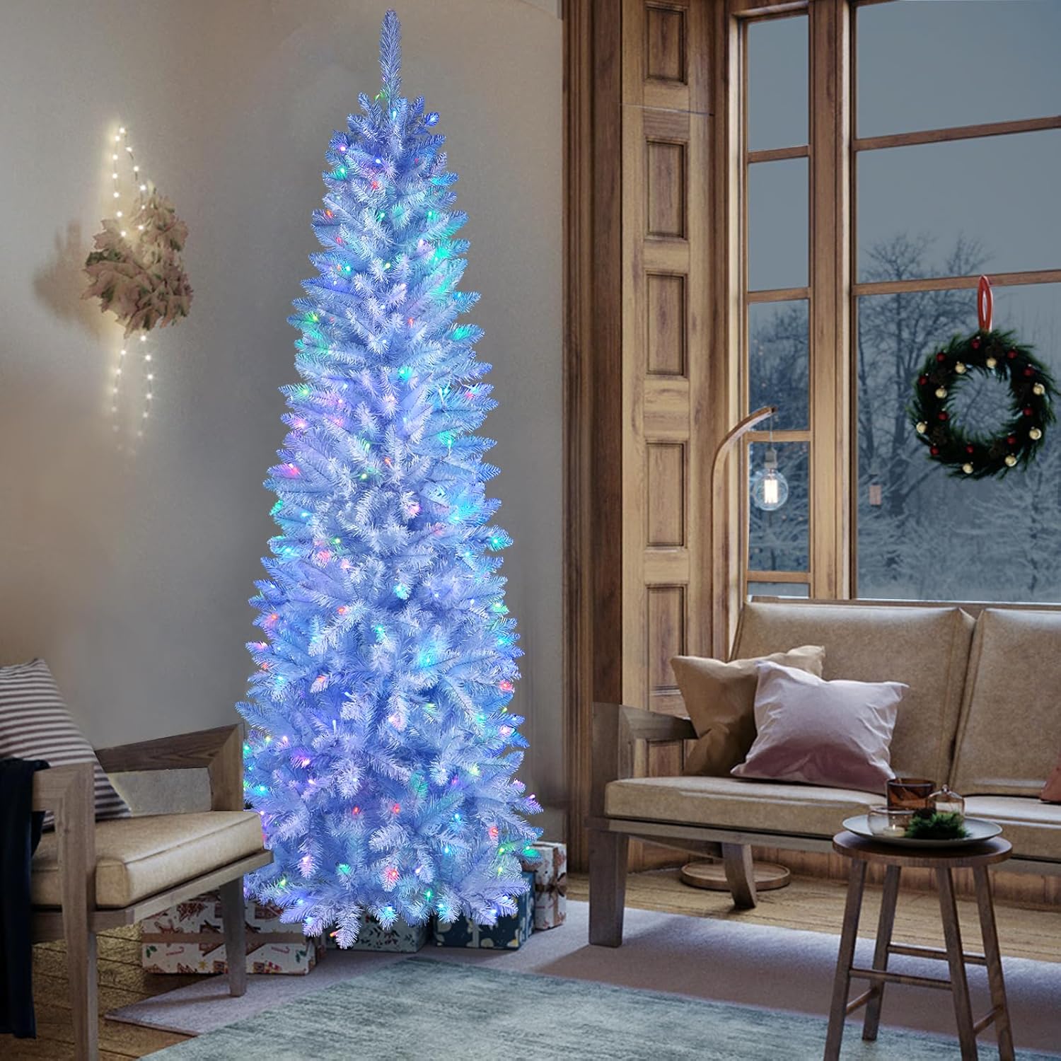 6ft Pre-lit RGB Lights White Artificial Slim Pencil Christmas Tree with Remote