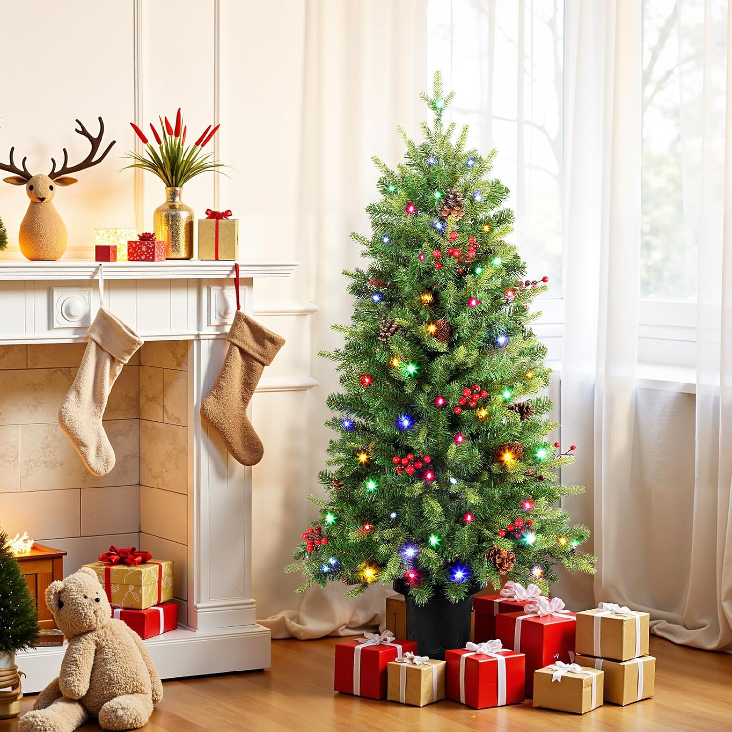 4ft Pre-lit Colored LED Changing Lights Artificial Christmas Tree Mini Entrance Christmas Tree with Remote-2 Packs