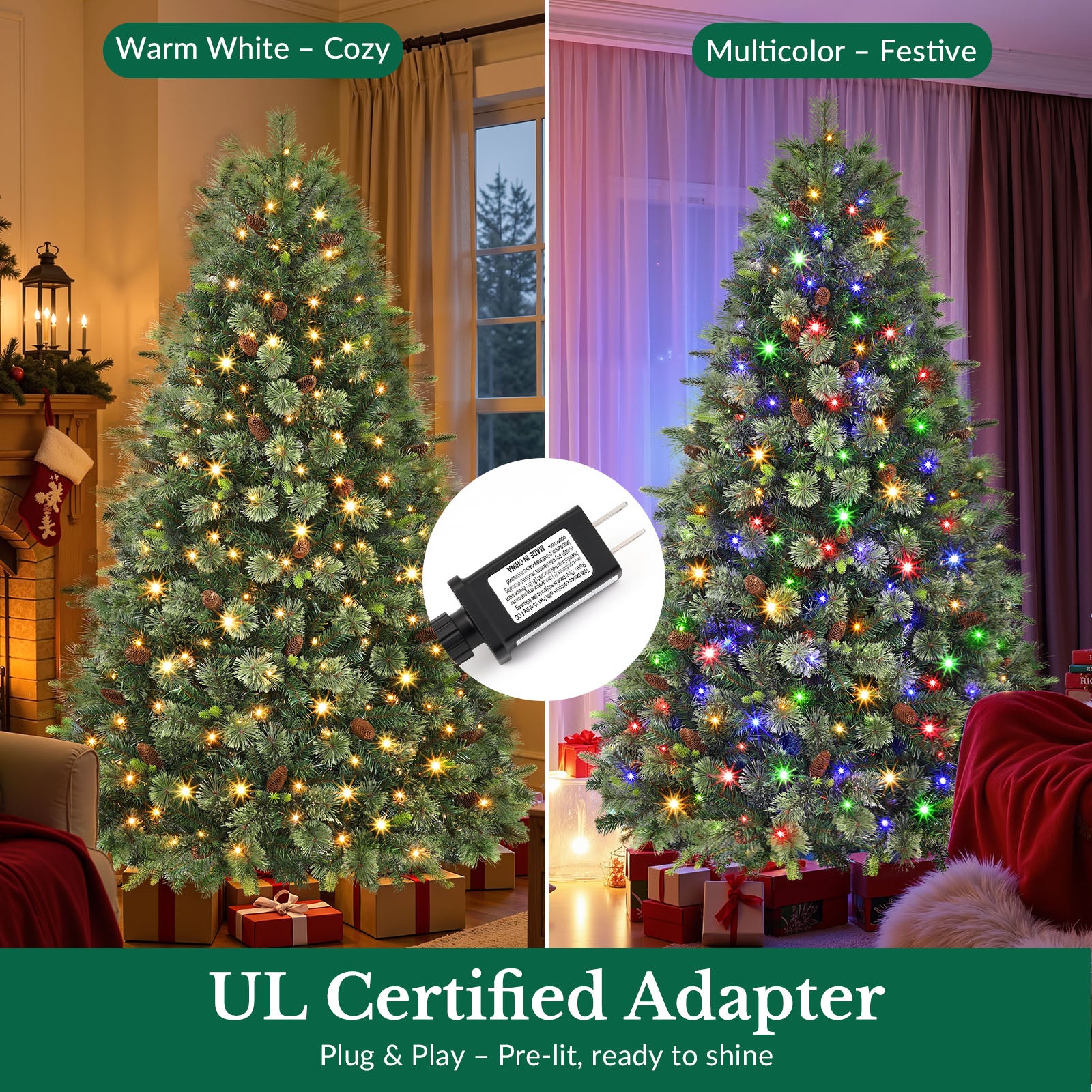 Pre-lit Carolina Pine Artificial Christmas Trees with 2 in 1 Multi-Color LED Lights and Remote