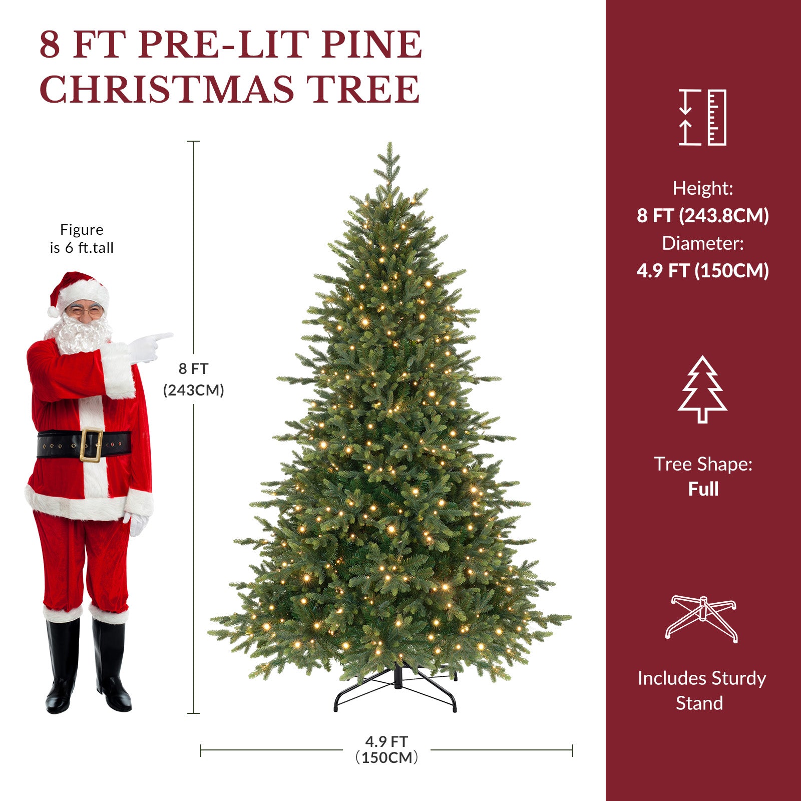 Twinkling Balsam Fir Pre-Lit Artificial Christmas Tree, 1792-5538 Branch Tips & 250-680 LED Lights, 17 Mode with Remote | 5/6/7/7.5/8/9FT