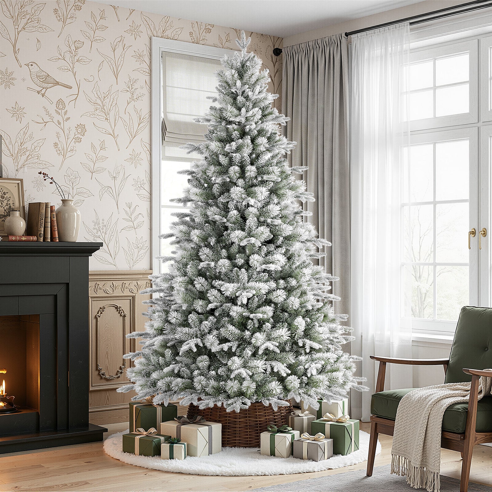 7.5ft Premium Flocked Princess Pine Christmas Tree - 500 Pre-Lit Clear Twinkle Lights & 3338 Lifelike Tips