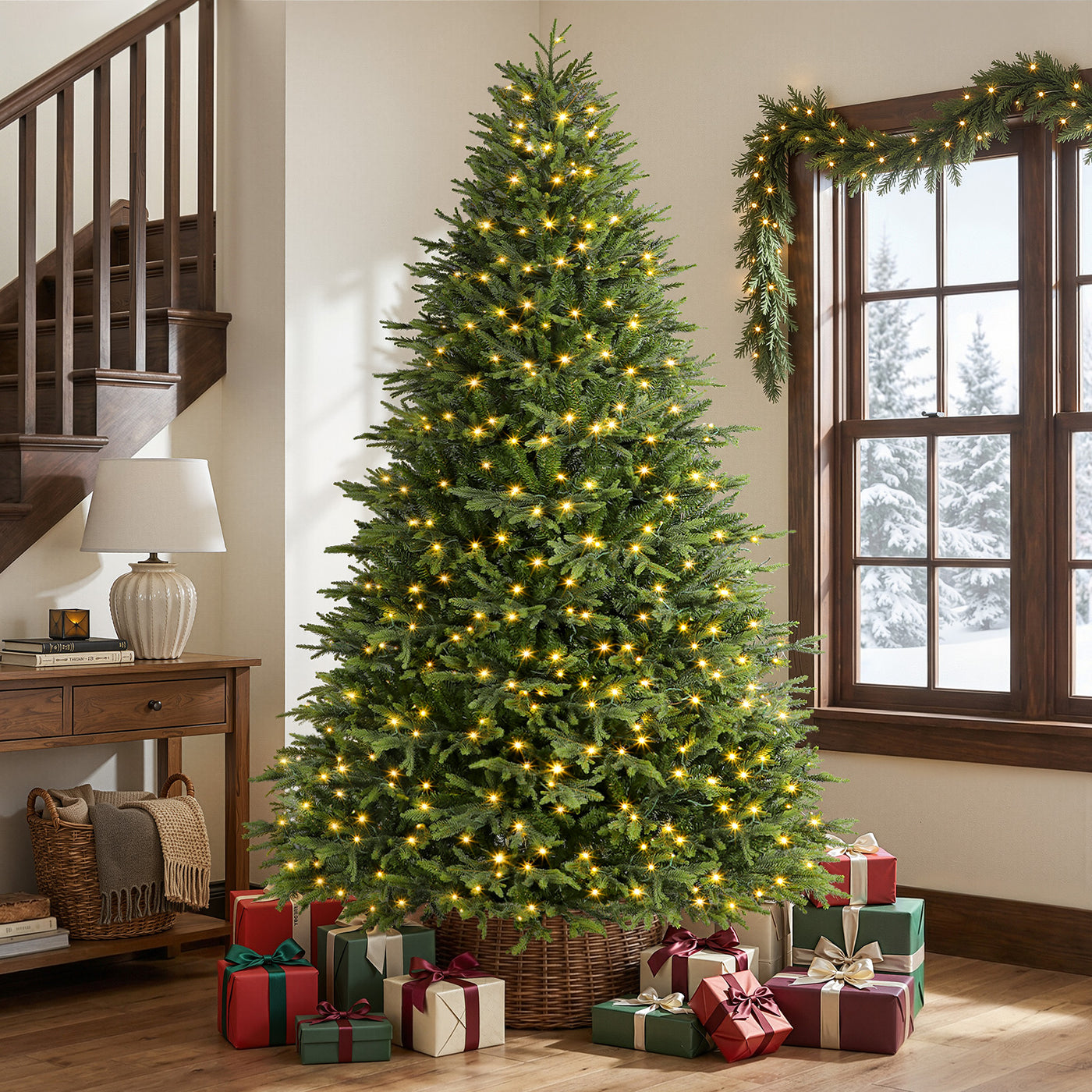 Artificial Christmas tree by SHareconn, 7.5FT Balsam Fir with lifelike PE needles and dual-color string lights.