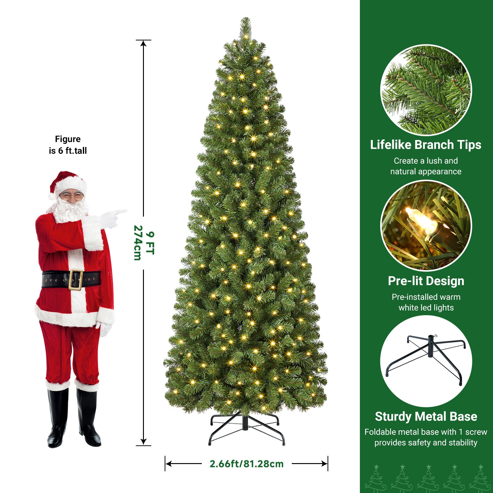 9ft Warm White Light Artificial Hinged Slim Pencil Prelit Christmas Tree