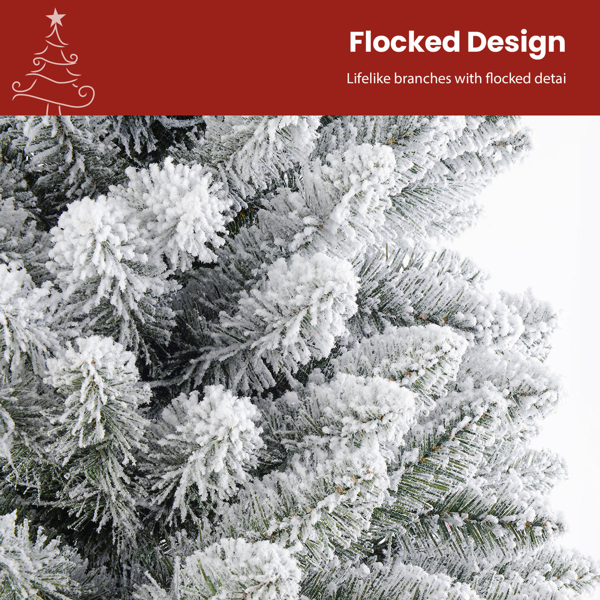 9ft SHareconn flocked spruce artificial Christmas tree with warm white lights, featuring a pencil shape and snowy flocked branches.