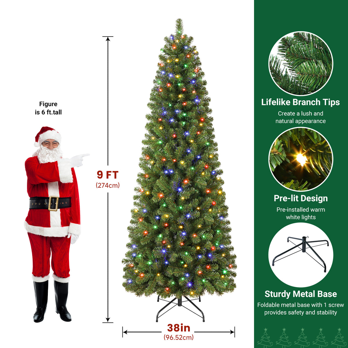9ft Prelit Pencil Warm White & Multi-Color Lights Premium Artificial Hinged Christmas Tree with Remote Control