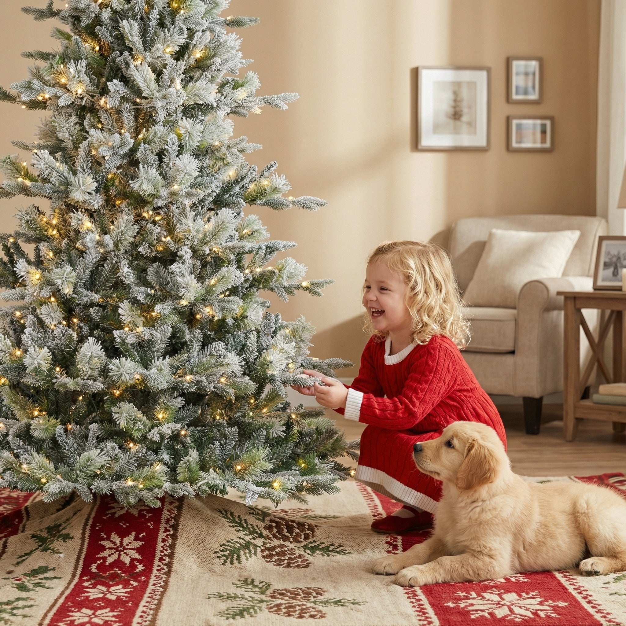 7.5ft SHareconn artificial Christmas tree with flocked branches, 500 clear twinkle lights, and 3,338 lifelike tips for festive decor