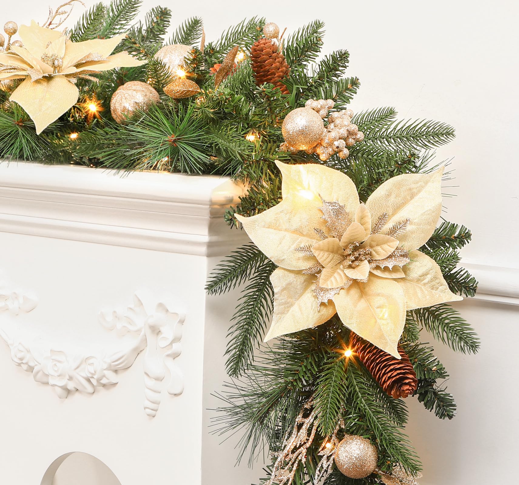 SHareconn Prelit Christmas Garland Decorations with Multi-Color LED Lights Battery-Operated Timer Lighted Garland with Ball Poinsettia