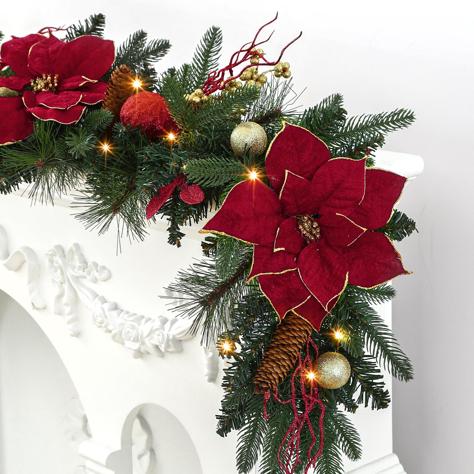9FT Pre-Lit Christmas Garland with LED Lights & Timer – Red Poinsettia, Pine Cones, Gold Berries & Ornaments for Mantle, Fireplace, Stairs | Battery Operated, Indoor & Outdoor