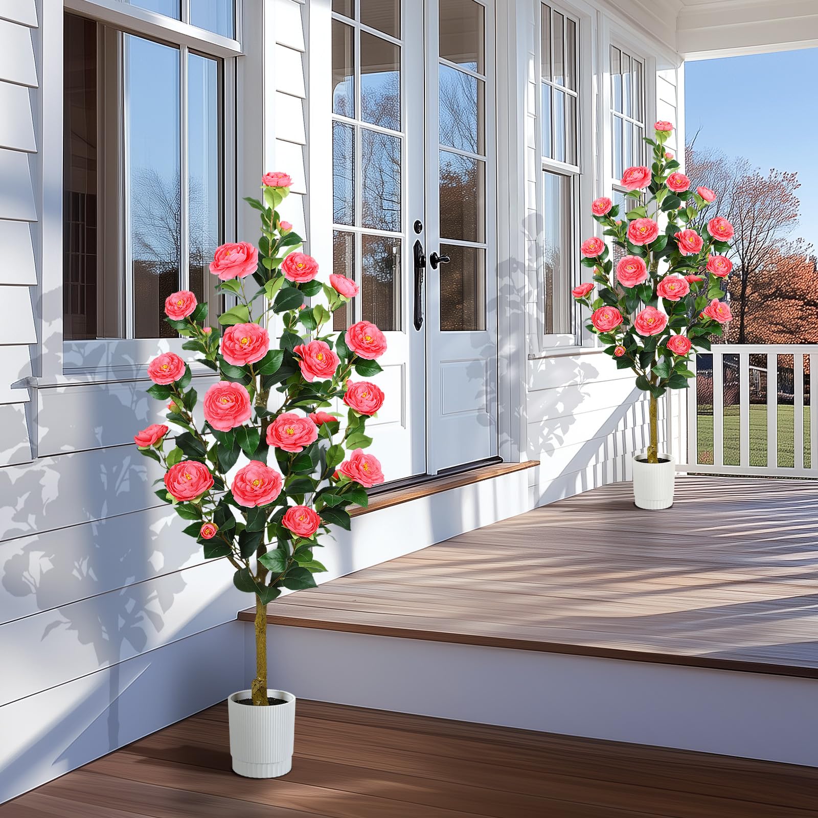 4FT Artificial Camellia Tree with 40 Pink Blooming Flowers Pink 2 Pack - SHareconn
