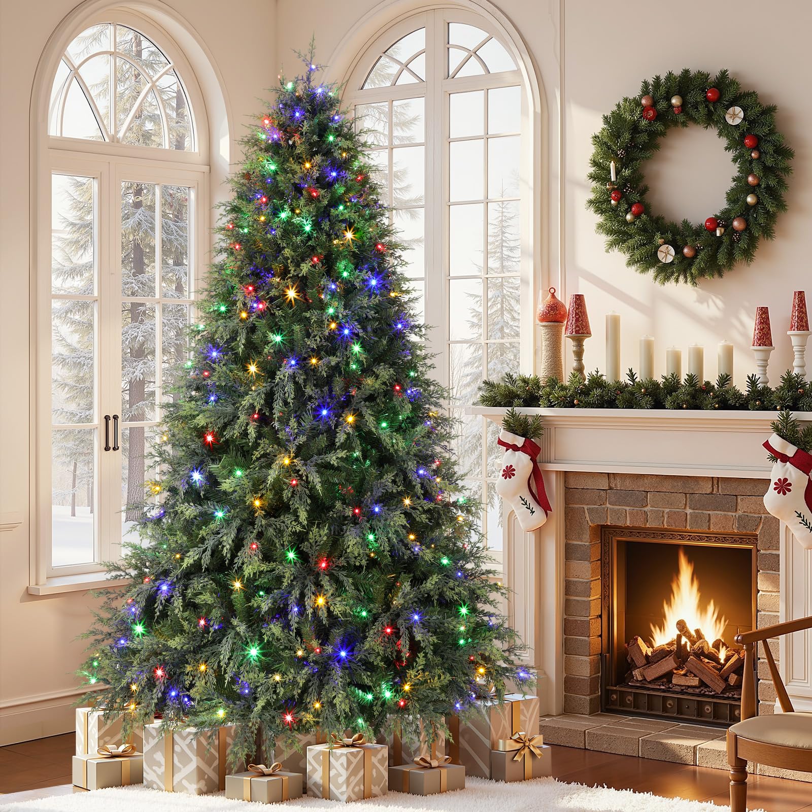 7ft Prelit Cedar Cypress Artificial Christmas Tree, 1420 Leaves & 390 LED Lights, 17 Mode with Remote