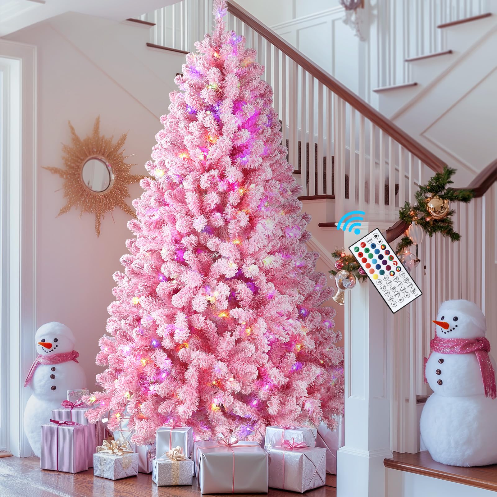 Prelit Multi-Color RGB Lightst Snow Flocked Artificial Holiday Christmas Tree with Remote - SHareconn