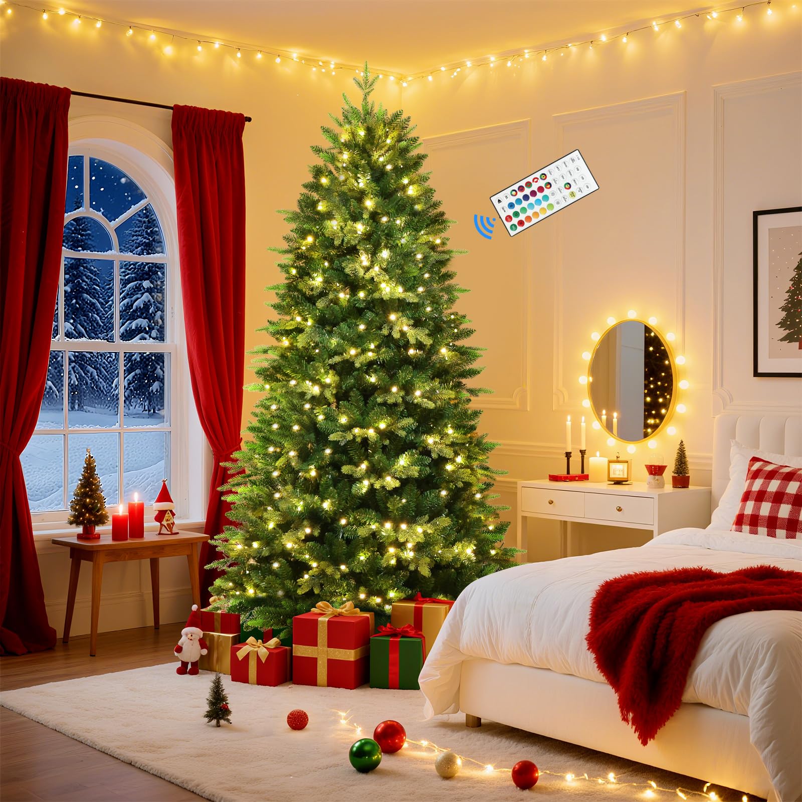 7ft Prelit Artificial Hinged Christmas Tree with 380 Color Changing RGB Lights(Upgraded),Remote Control,Fake Pre-Lit Lush Fraser Fir Tree with 2126 Branch Tips for Xmas Decoration - SHareconn