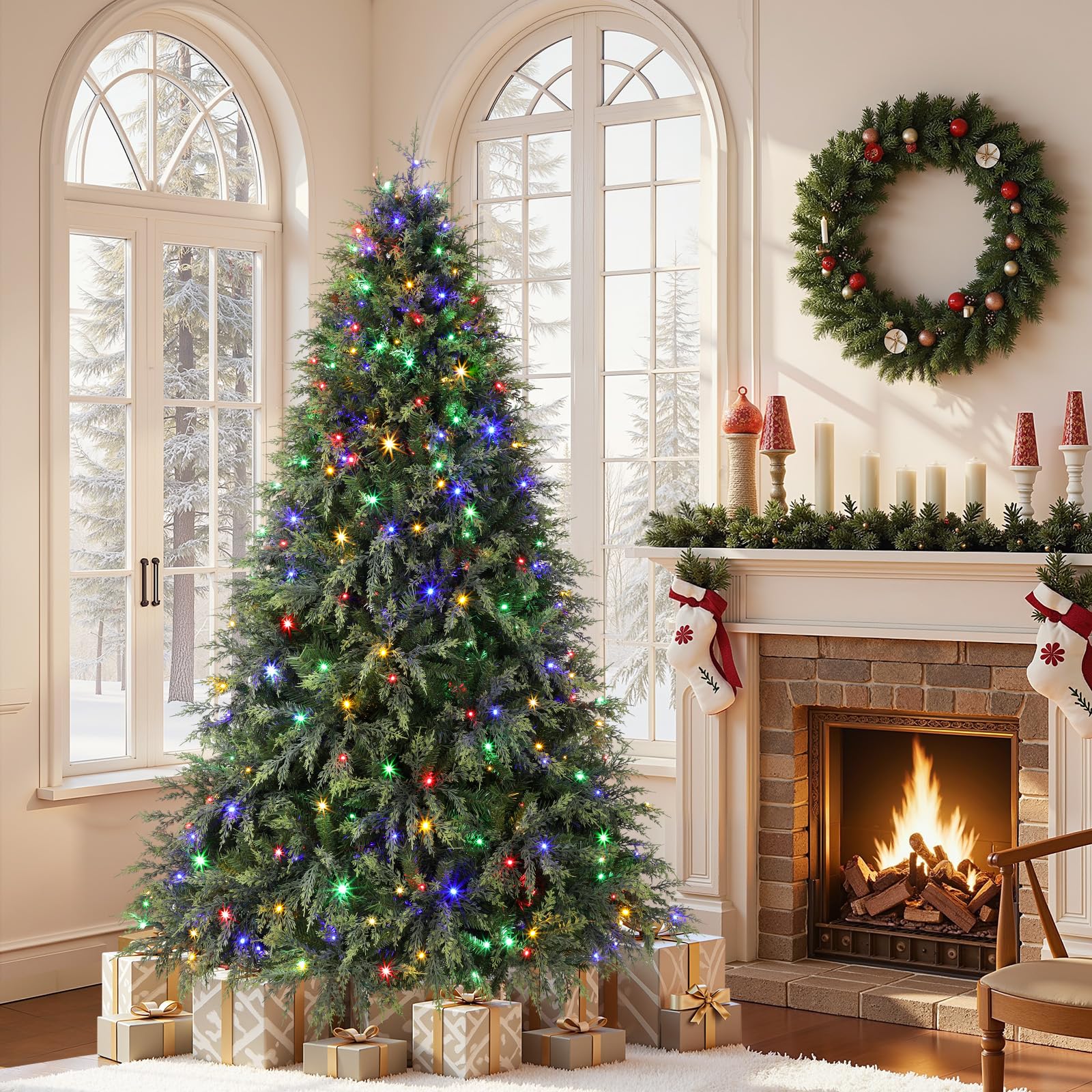 6ft Prelit Cedar Cypress Artificial Christmas Tree, 1210 Leaves & 340 LED Lights, 17 Mode with Remote