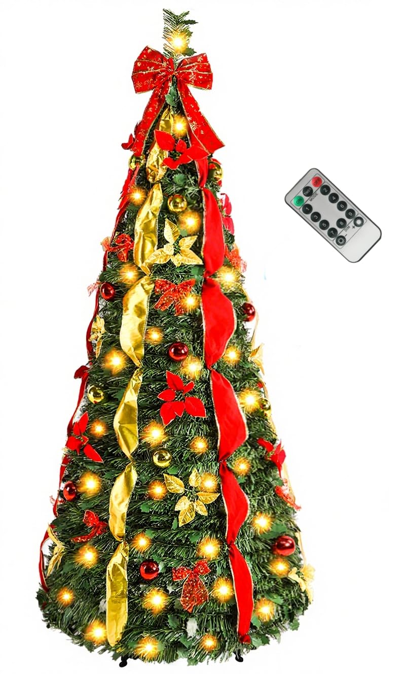 7ft Pop Up Warm White & Multi-Color Lights Artificial Christmas Tree with Red&Gold Decorations - SHareconn