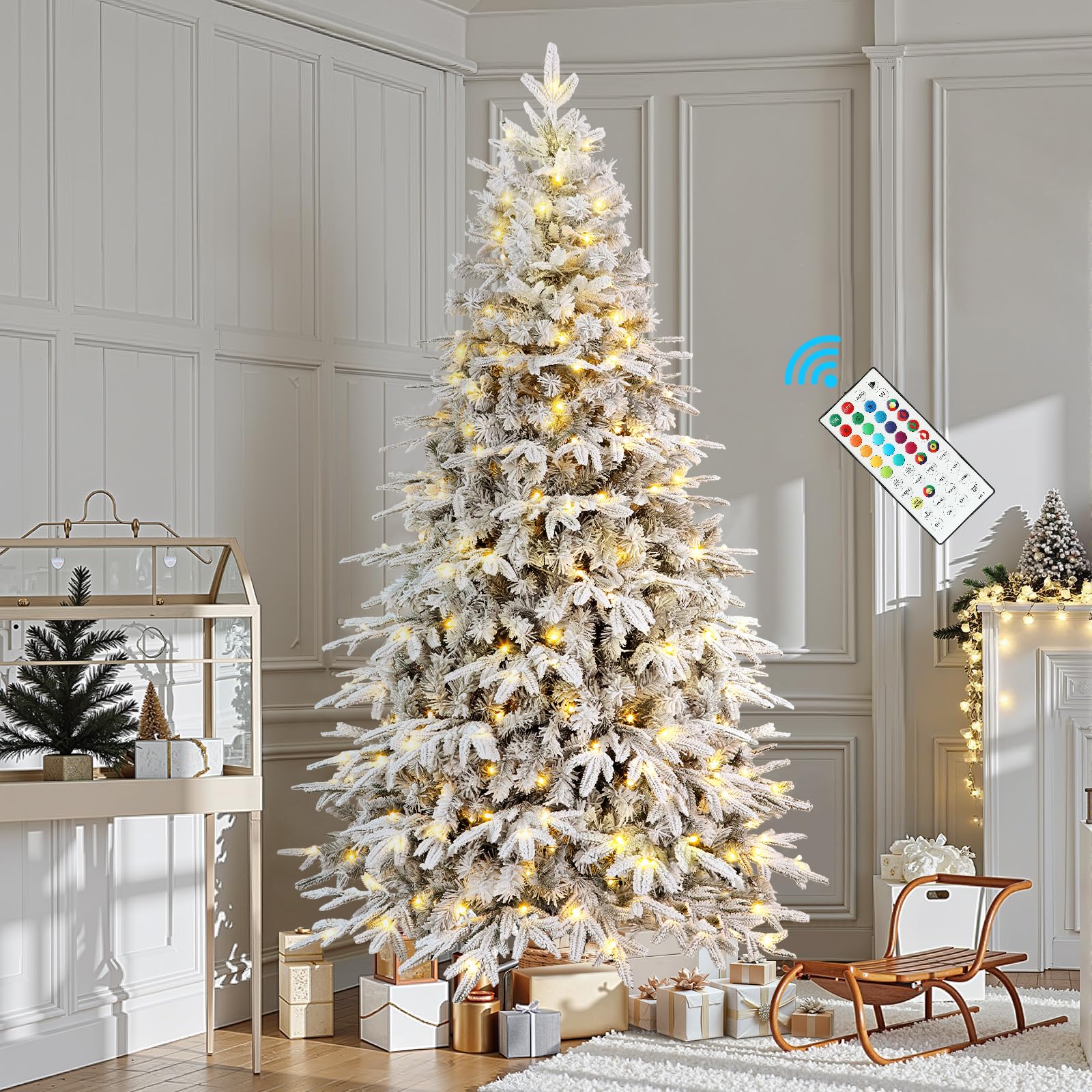 7.5ft Snow Flocked Layered Aspen Noble Fir Tree Artificial Christmas Tree with 400 RGB Lights Remote with 1465 Branch Tips - SHareconn