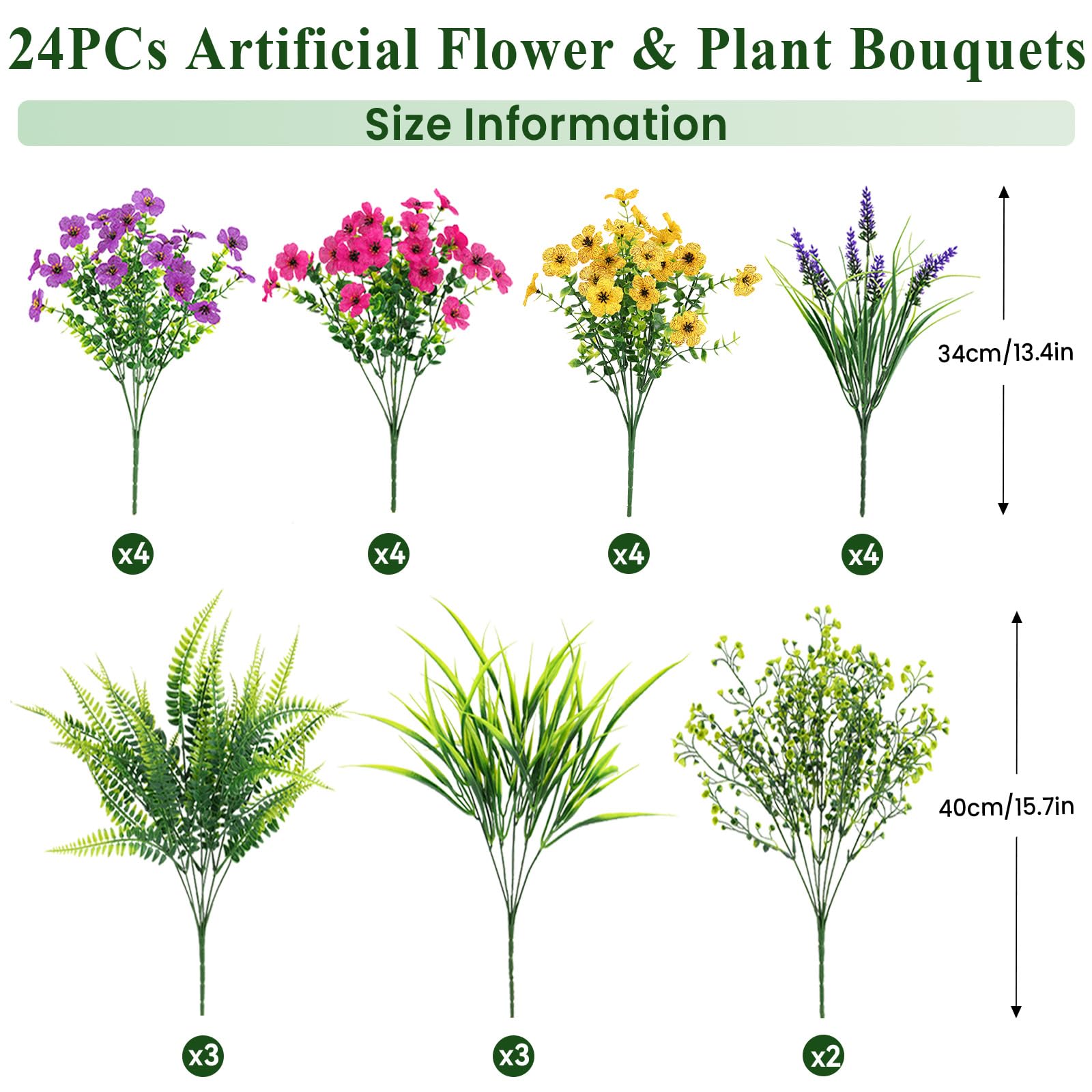 24 Bundles Artificial Flowers, UV Resistant Eucalyptus Violet and Lavender Silk Fake Plants, Yellow Rose Purple - SHareconn