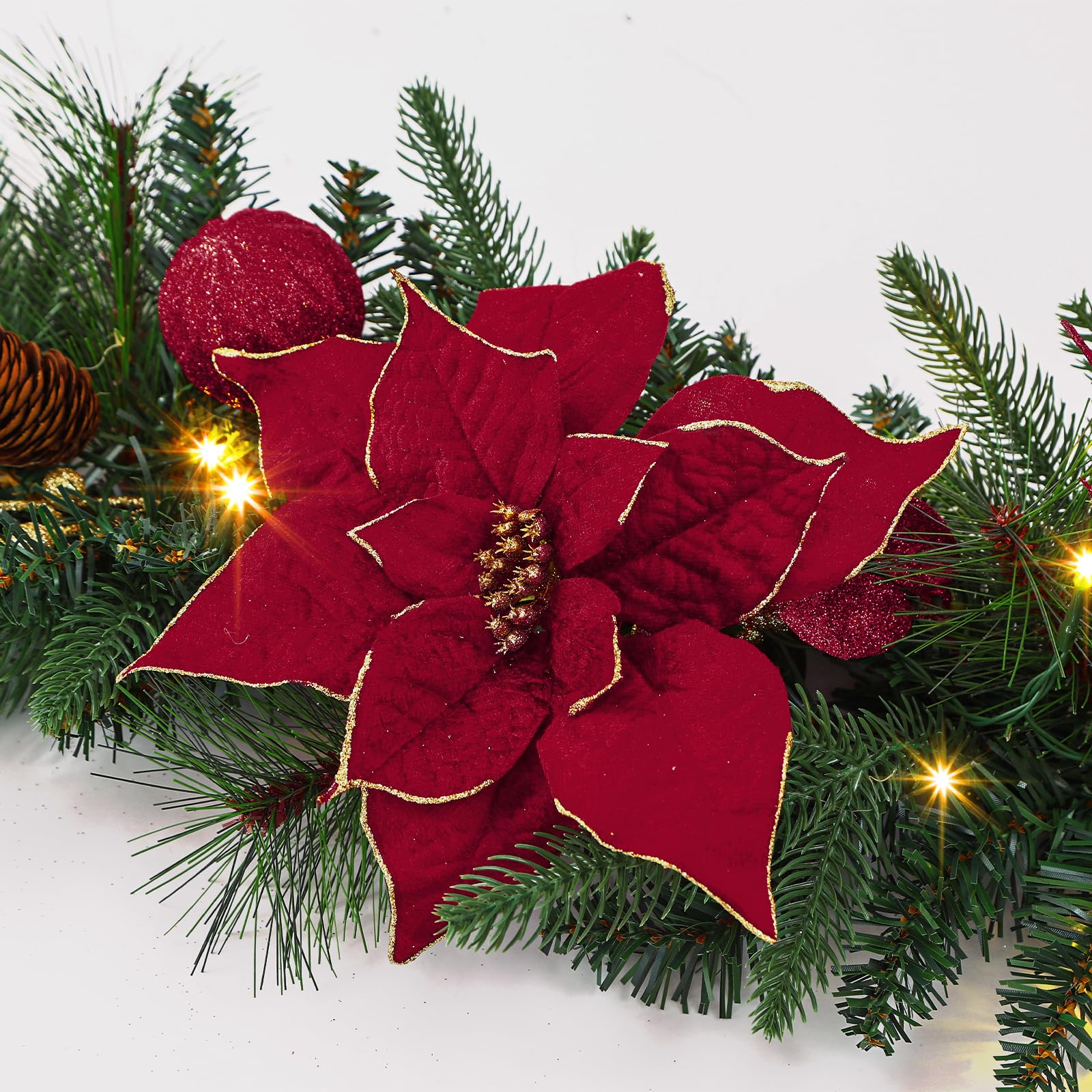 9FT Pre-Lit Christmas Garland with LED Lights & Timer – Red Poinsettia, Pine Cones, Gold Berries & Ornaments for Mantle, Fireplace, Stairs | Battery Operated, Indoor & Outdoor