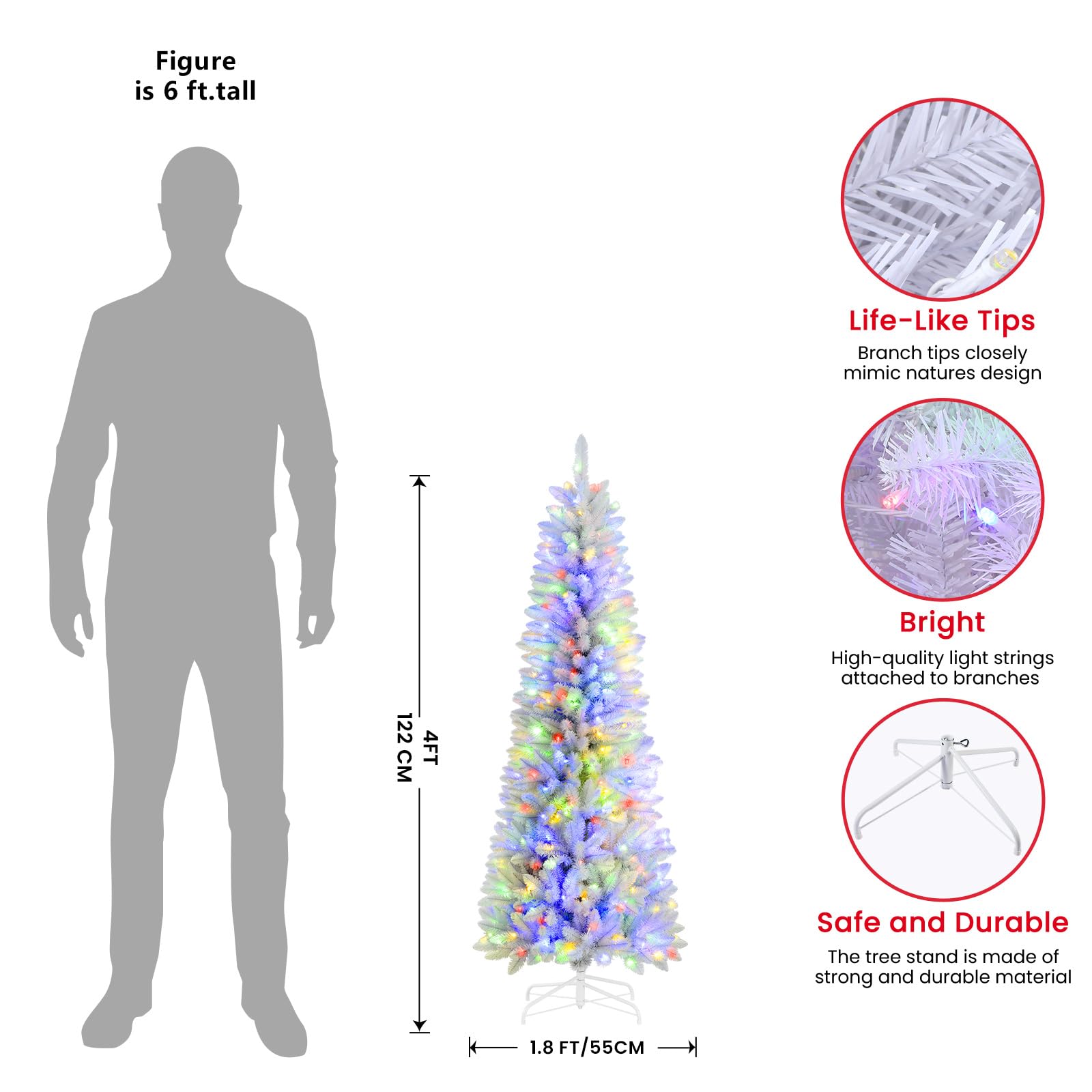 4ft White Artificial Pencil Christmas Tree with Multi-Color Lights and Remote