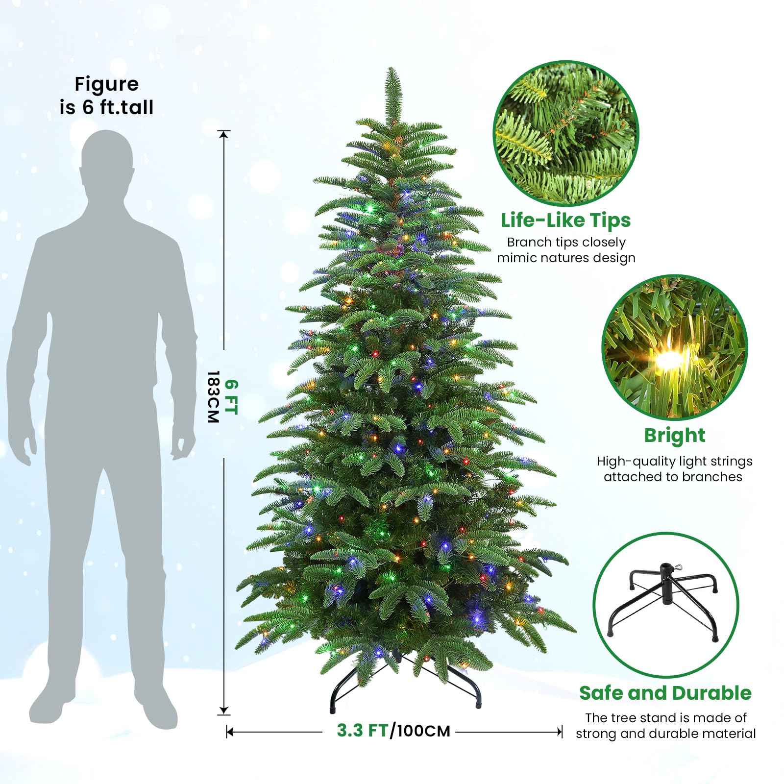 6ft Prelit Artificial Realistic Christmas Tree with RGB Lights and Remote