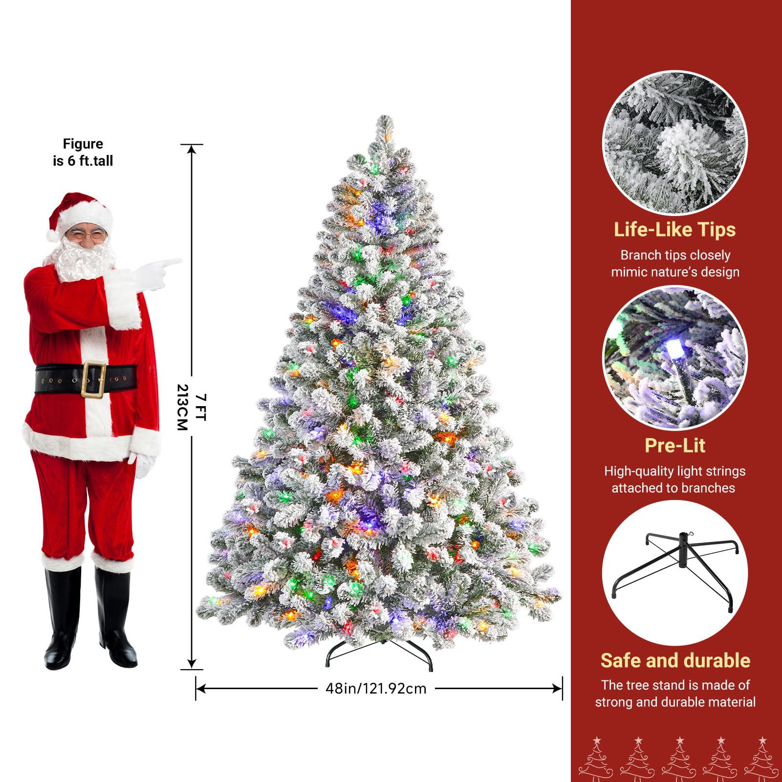 7ft Flocked Spruce Artificial Hinged Christmas Tree with Multi Color Lights - SHareconn