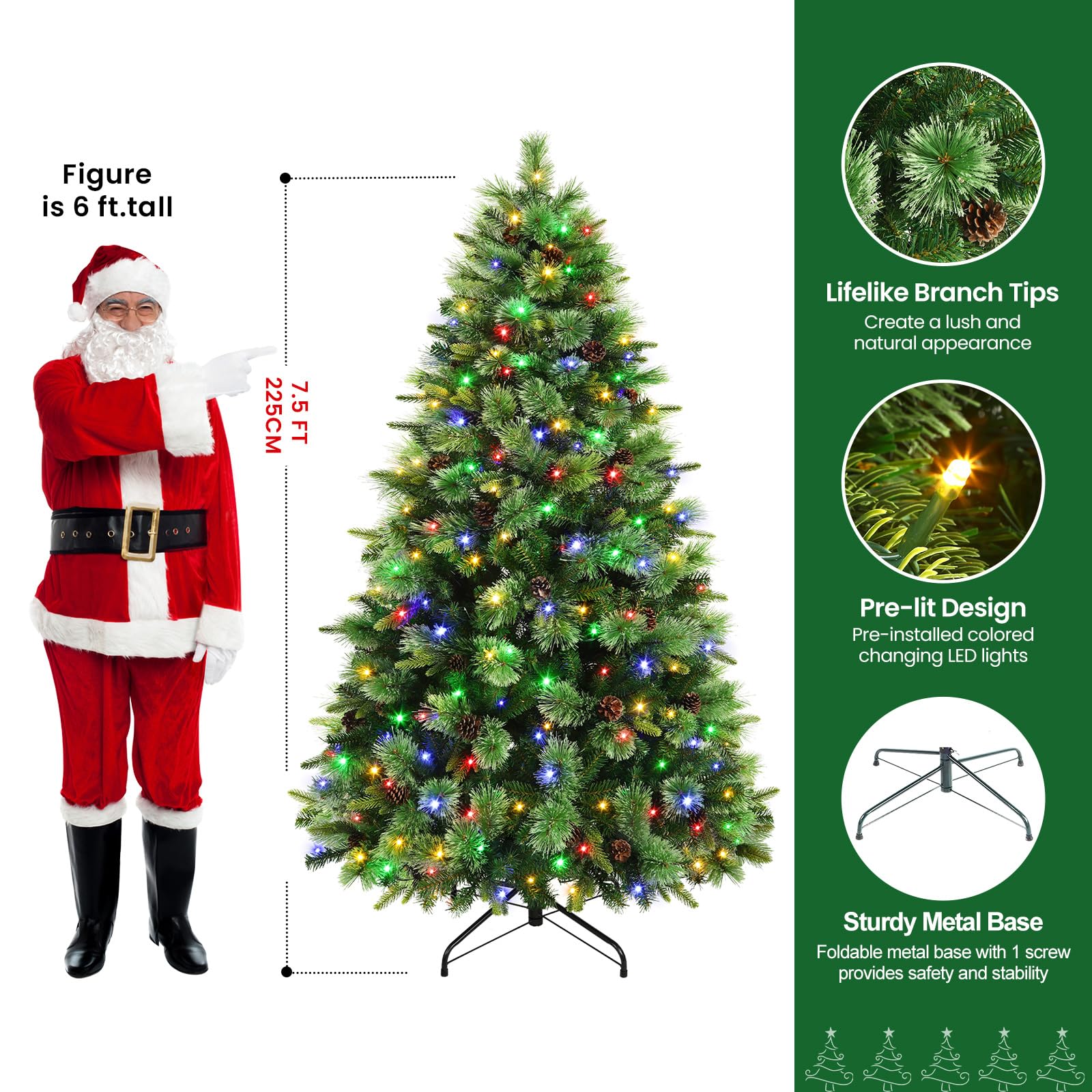 Pre-lit Carolina Pine Artificial Christmas Trees with 2 in 1 Multi-Color LED Lights and Remote - SHareconn