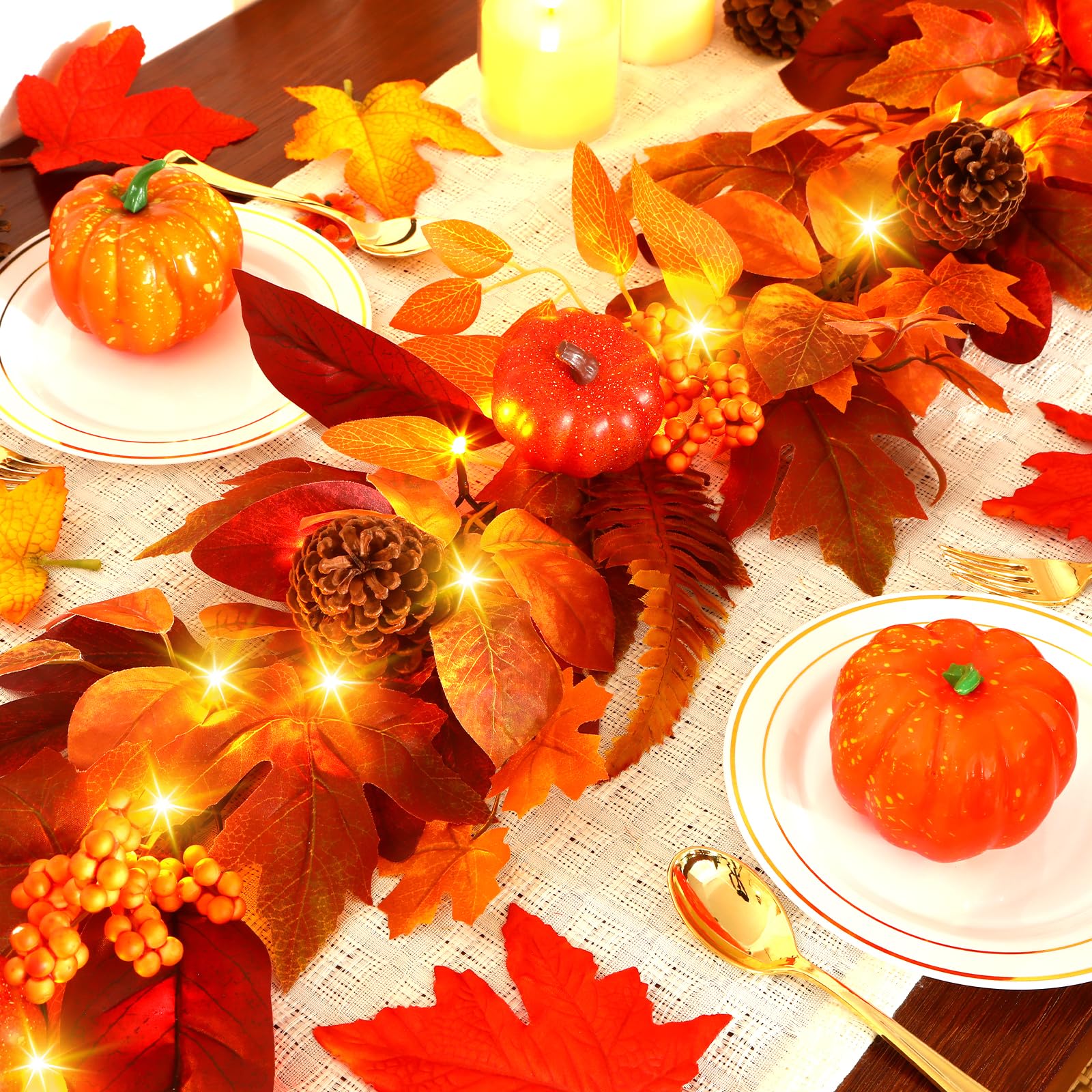 6FT Warm White Light Orange Pumpkin & Maple Leaf Autumn Garland