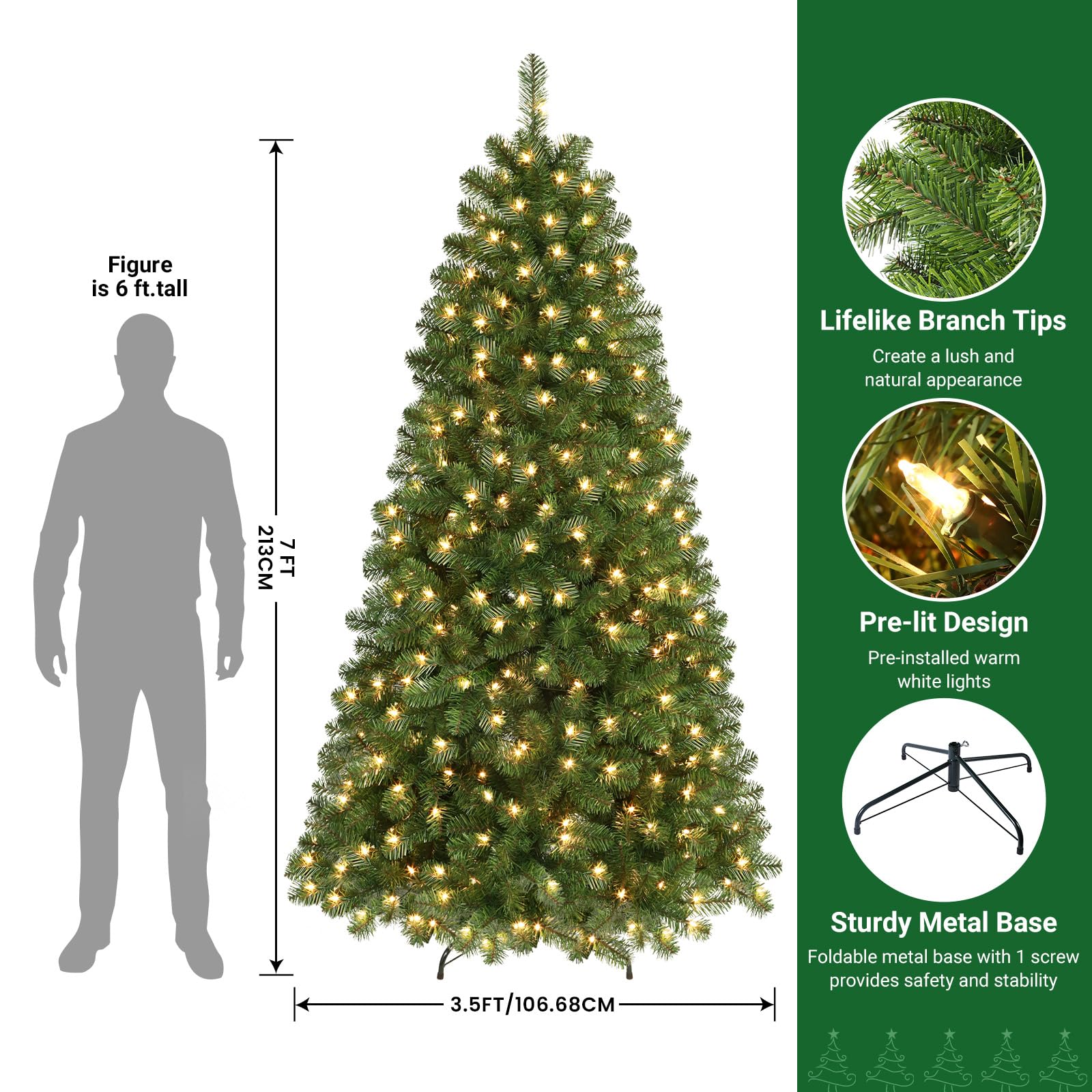 7.5ft Prelit 350 Warm White Lights 998 Branch Premium Artificial Hinged Christmas Tree-Green - SHareconn