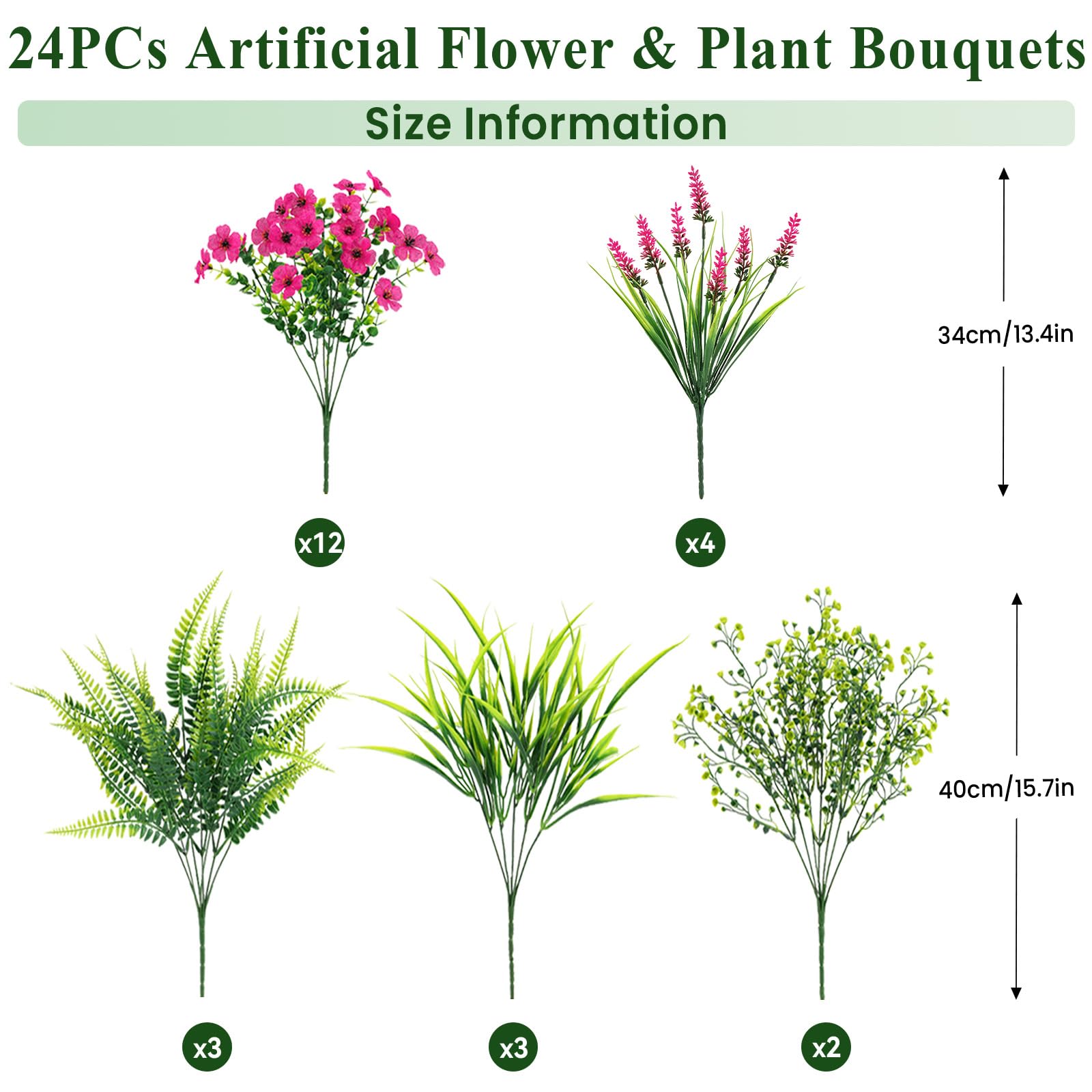 24 Bundles Artificial Flowers UV Resistant Eucalyptus Violet and Lavender-Rose
