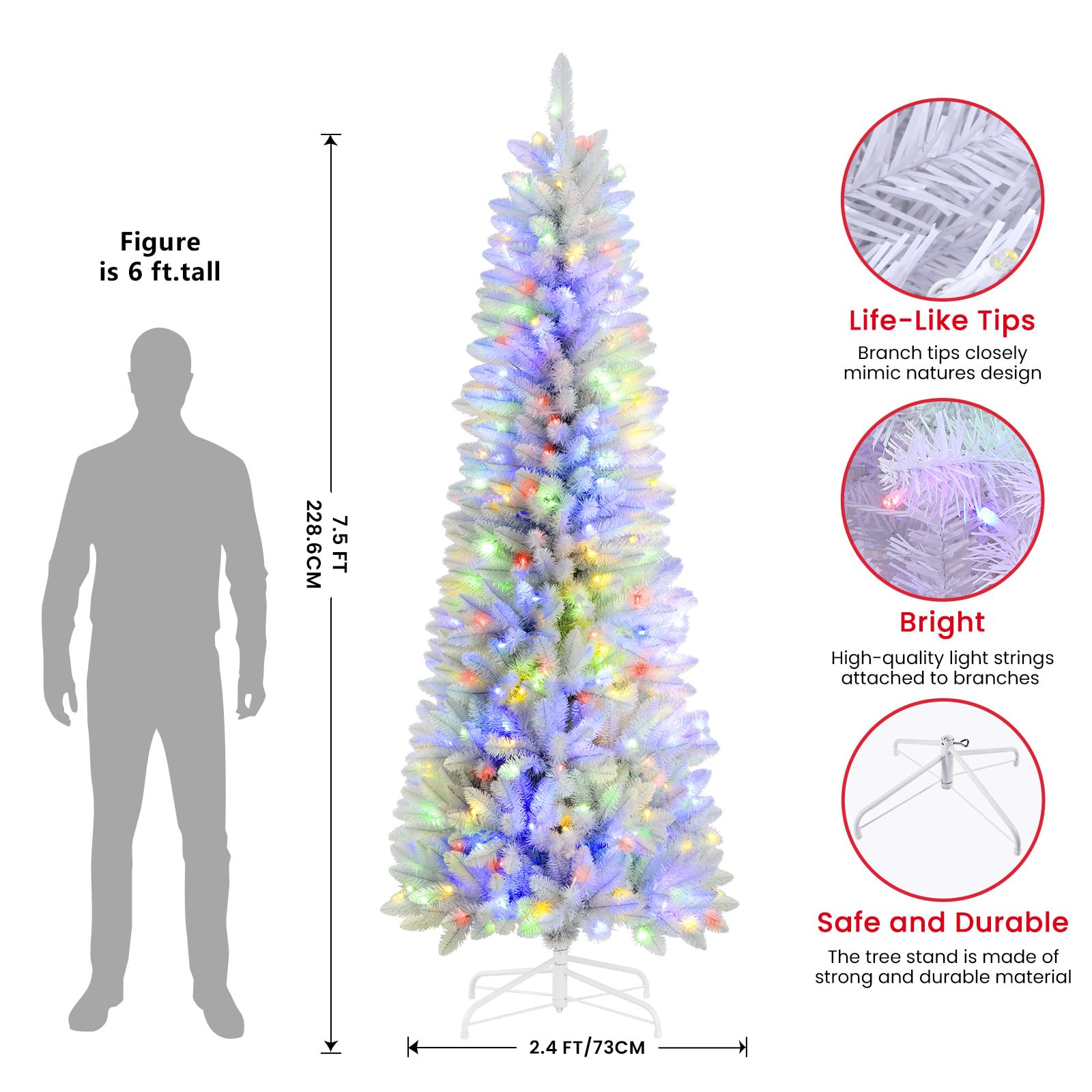 Pre-lit White Spruce Artificial Slim Pencil Christmas Tree with Multi-Color Lights