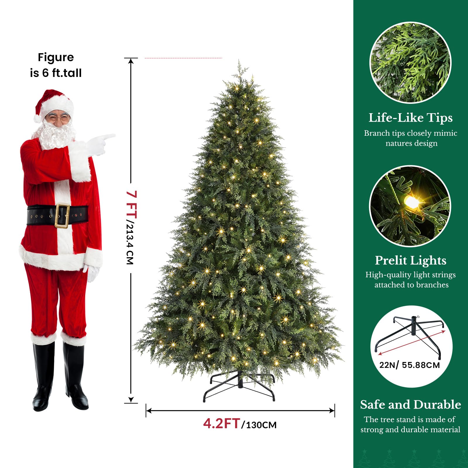7ft Prelit Cedar Cypress Artificial Christmas Tree, 1420 Leaves & 390 LED Lights, 17 Mode with Remote