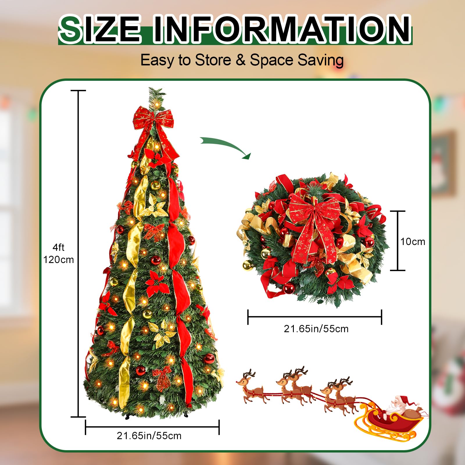 4ft Pop Up Warm White & Multi-Color Lights Artificial Christmas Tree with Red&Gold Decorations