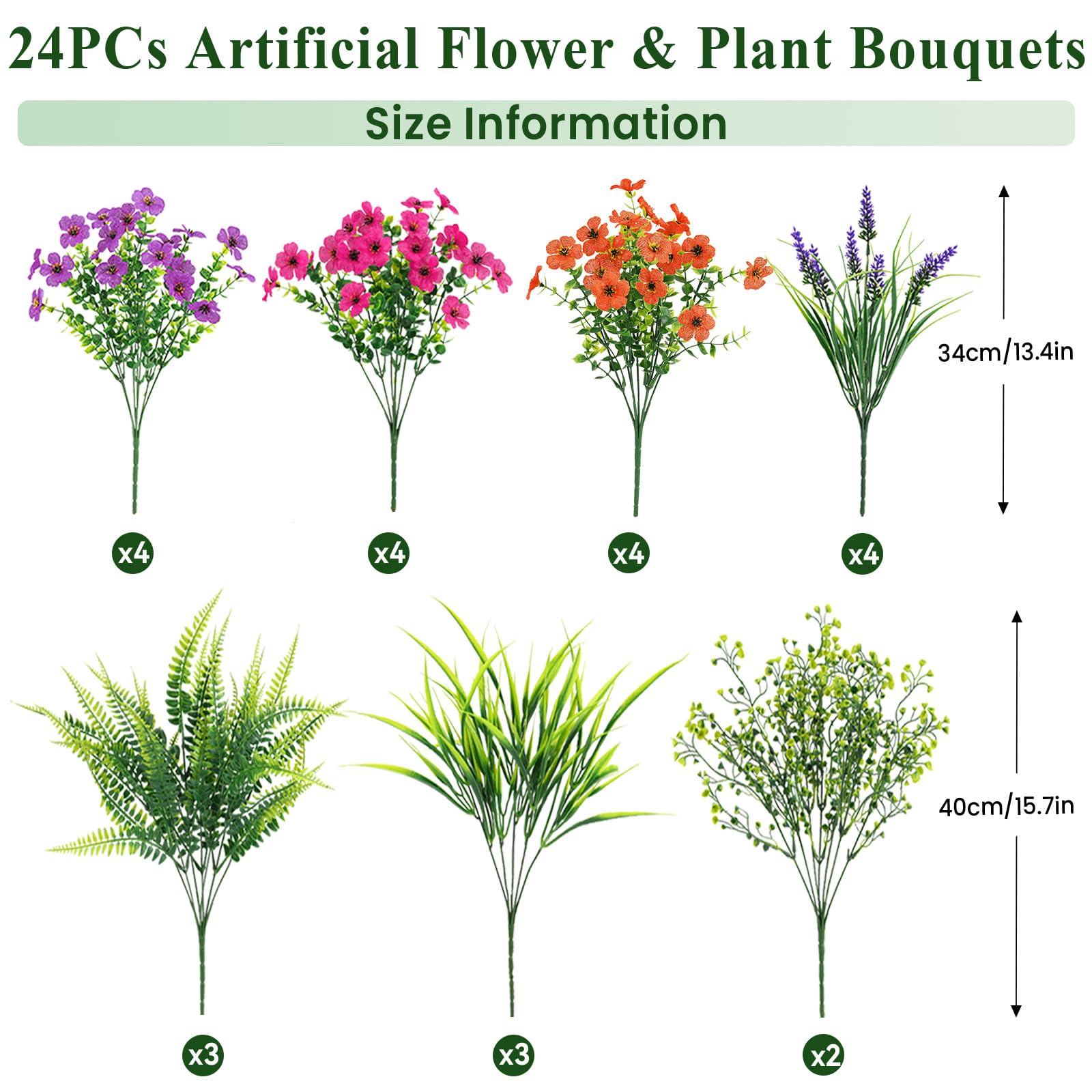 24 Bundles Artificial Flowers UV Resistant Eucalyptus Violet and Lavender- Orange Rose Purple - SHareconn