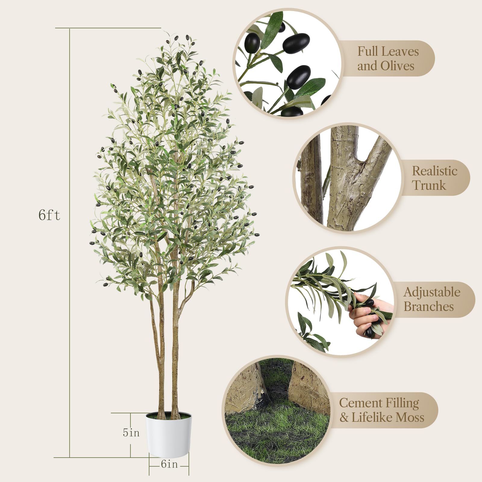 6FT Artificial Olive Tree Tall Lifelike Faux Silk Plant with White Pot(72" in)