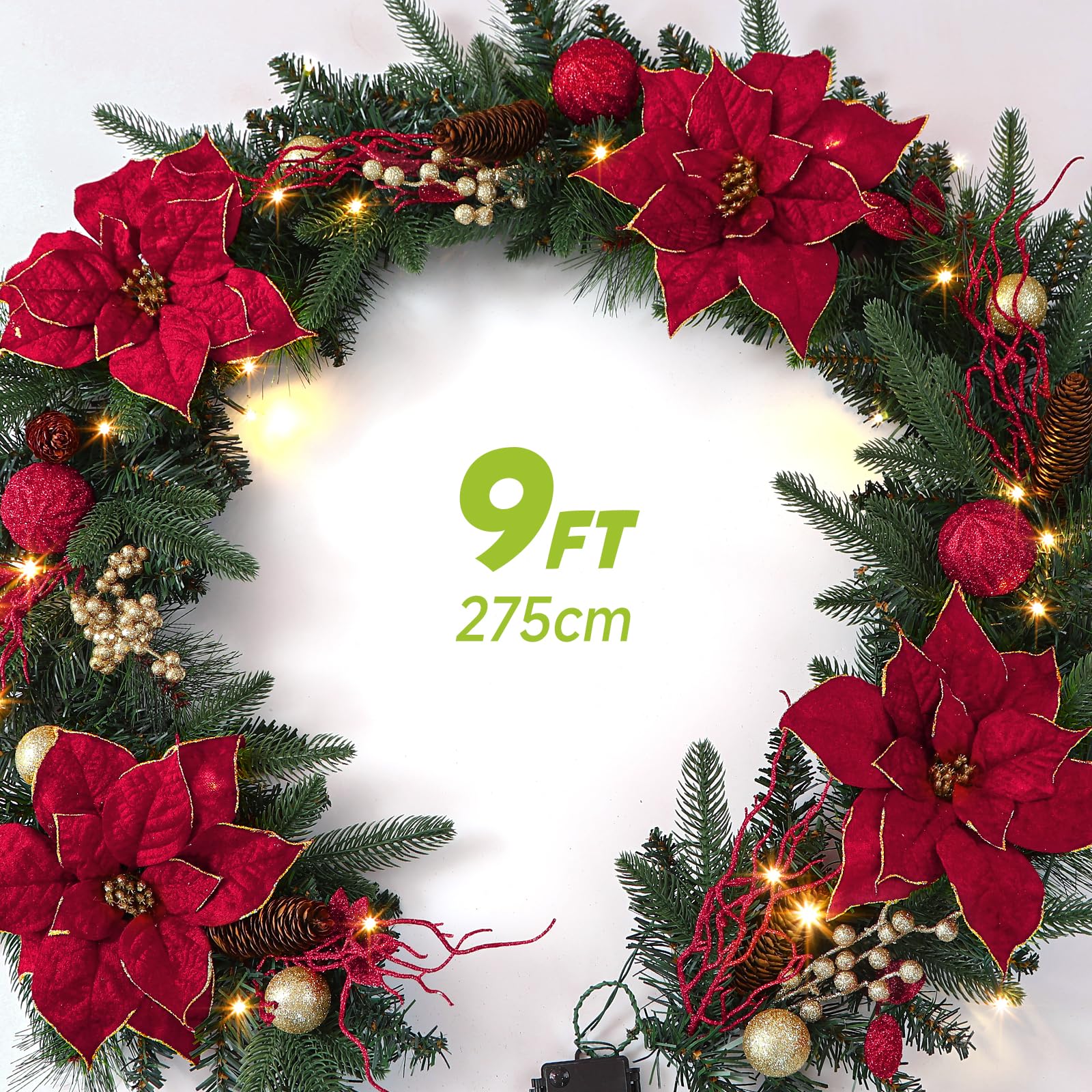 9FT Pre-Lit Christmas Garland with LED Lights & Timer – Red Poinsettia, Pine Cones, Gold Berries & Ornaments for Mantle, Fireplace, Stairs | Battery Operated, Indoor & Outdoor