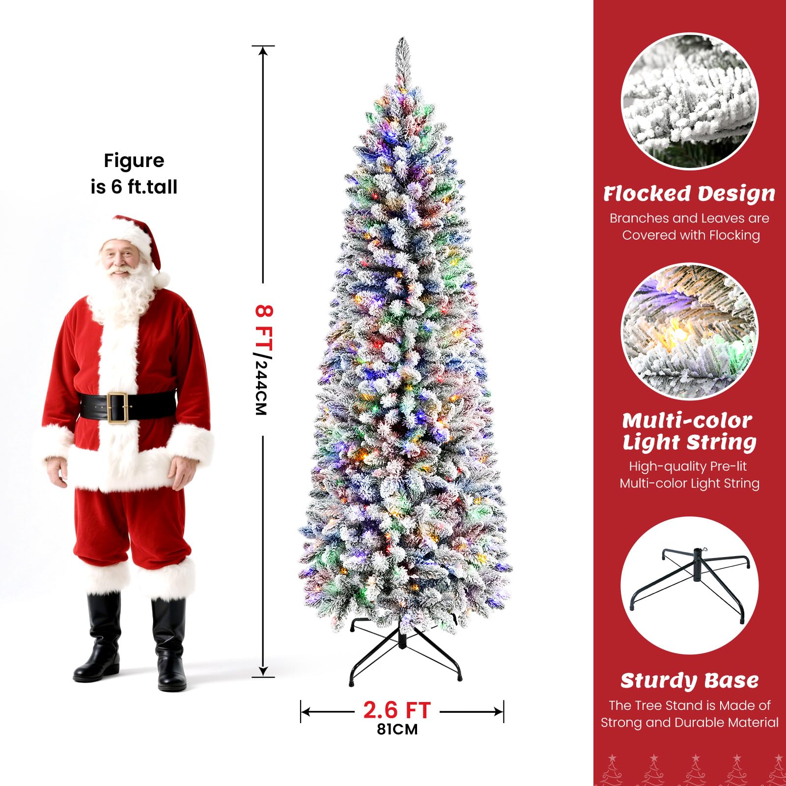 8ft Flocked Pencil Spruce Artificial Christmas Tree with Multi-Color Lights