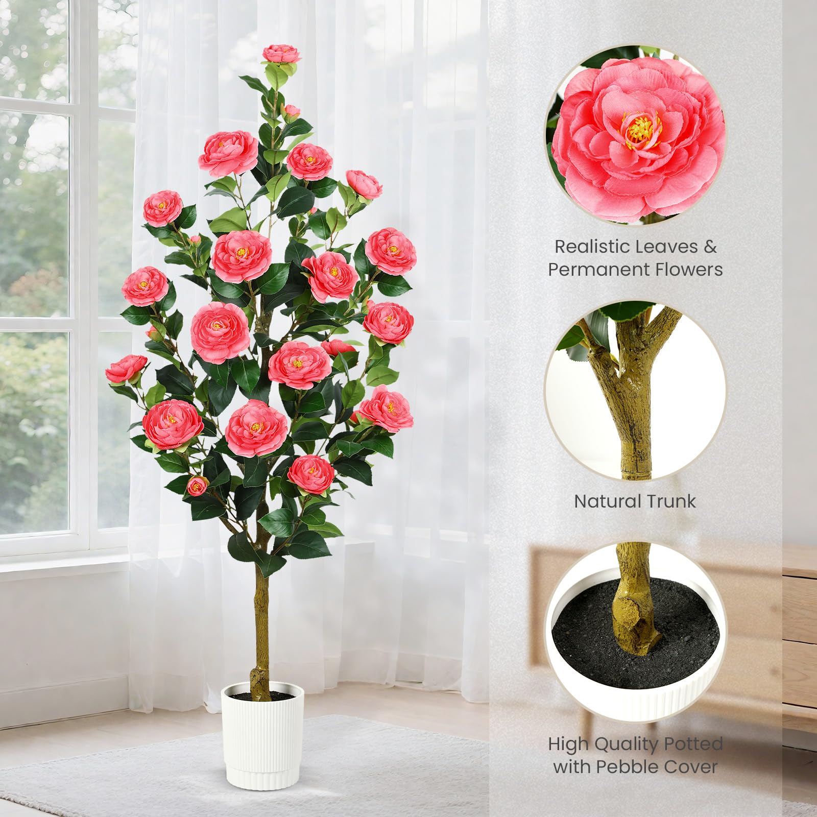 4FT Artificial Camellia Tree with 40 Pink Blooming Flowers Pink 2 Pack - SHareconn
