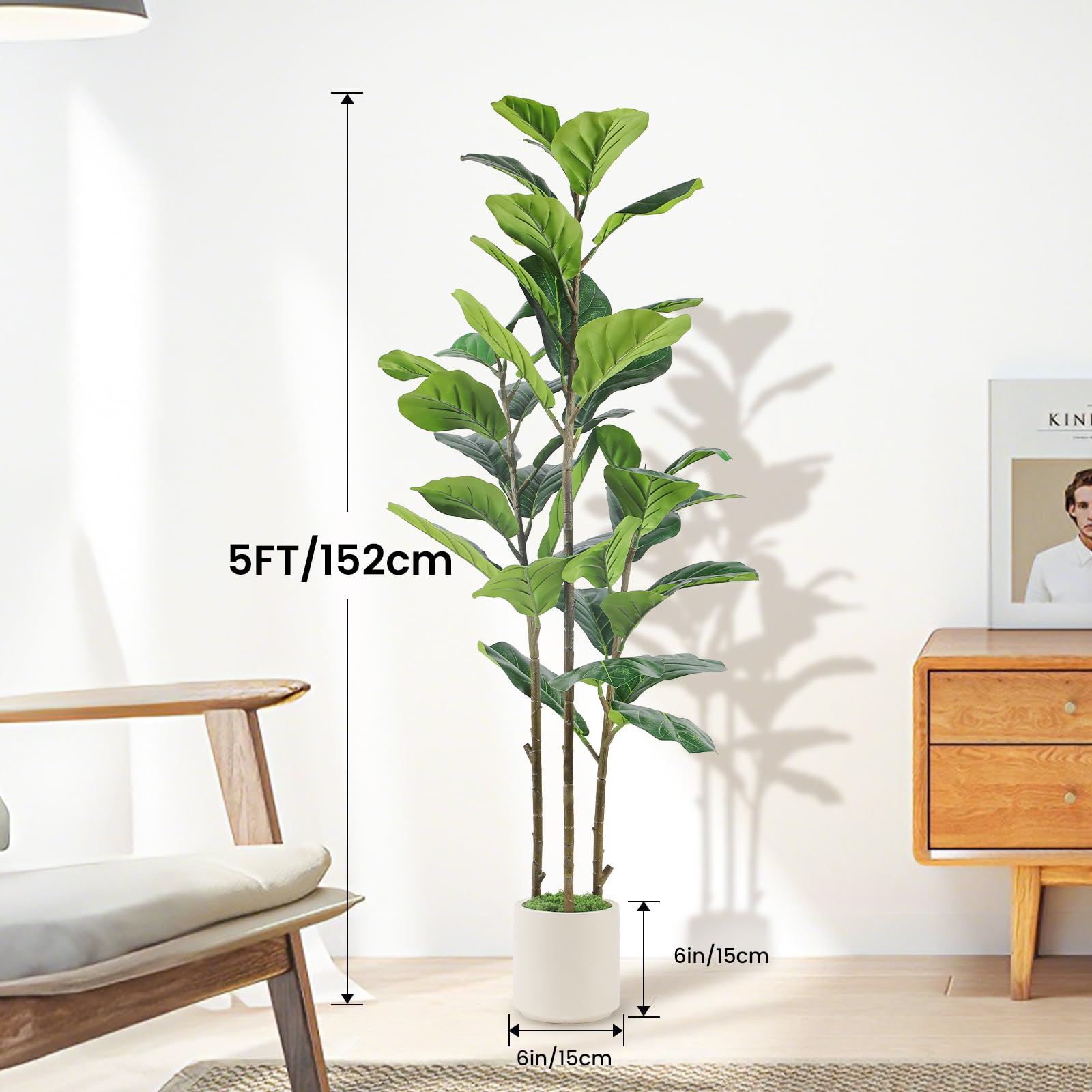 Artificial Fiddle Leaf Fig Tree with White Planter Pot - SHareconn