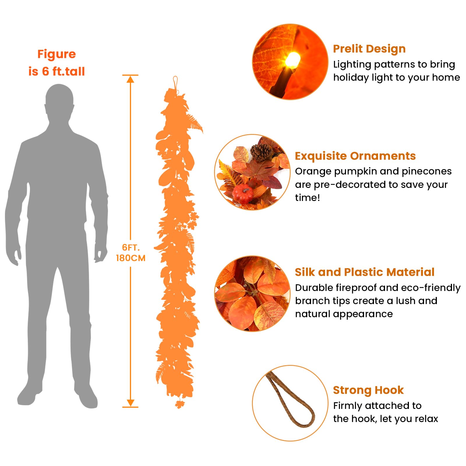6FT Warm White Light Orange Pumpkin & Maple Leaf Autumn Garland