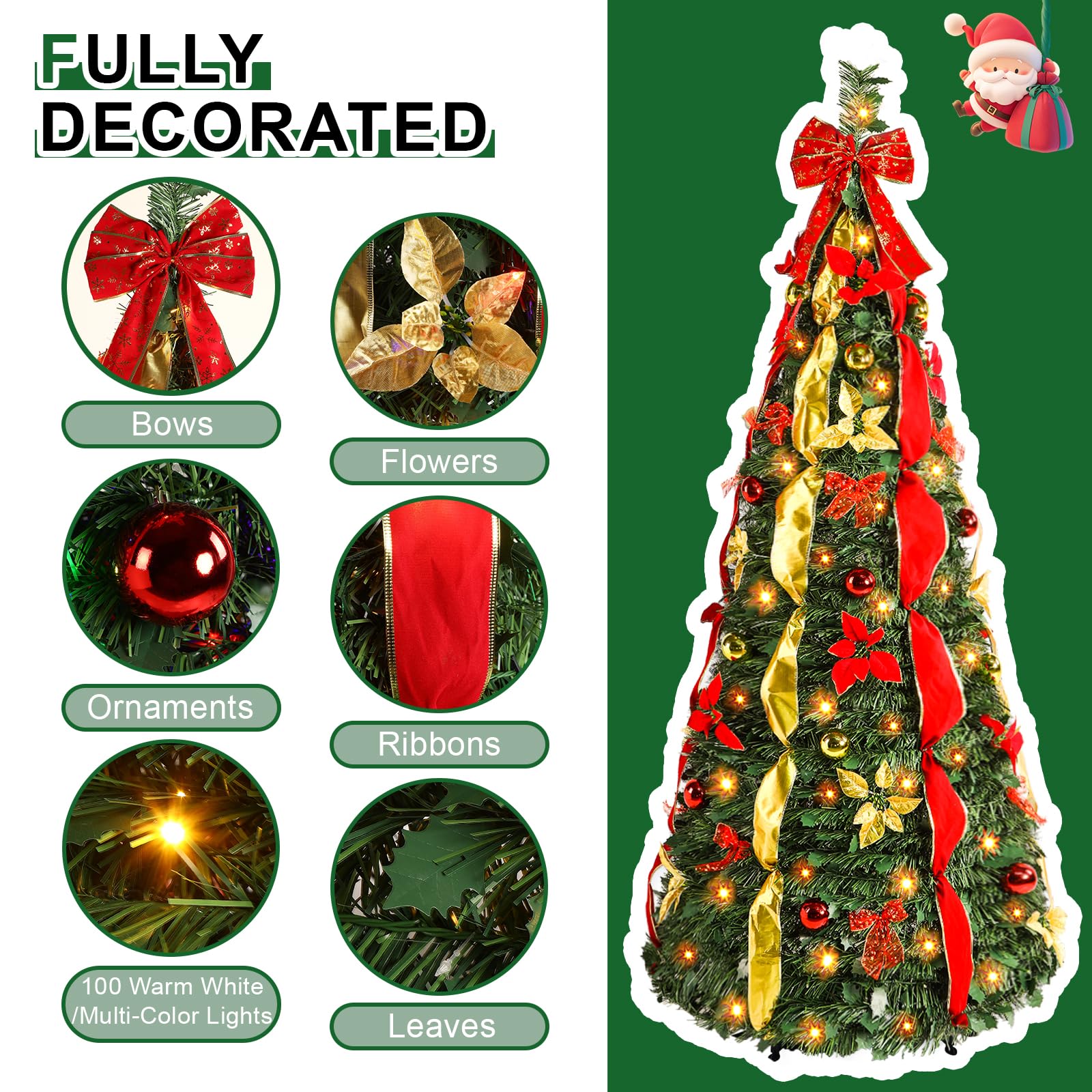 4ft Pop Up Warm White & Multi-Color Lights Artificial Christmas Tree with Red&Gold Decorations