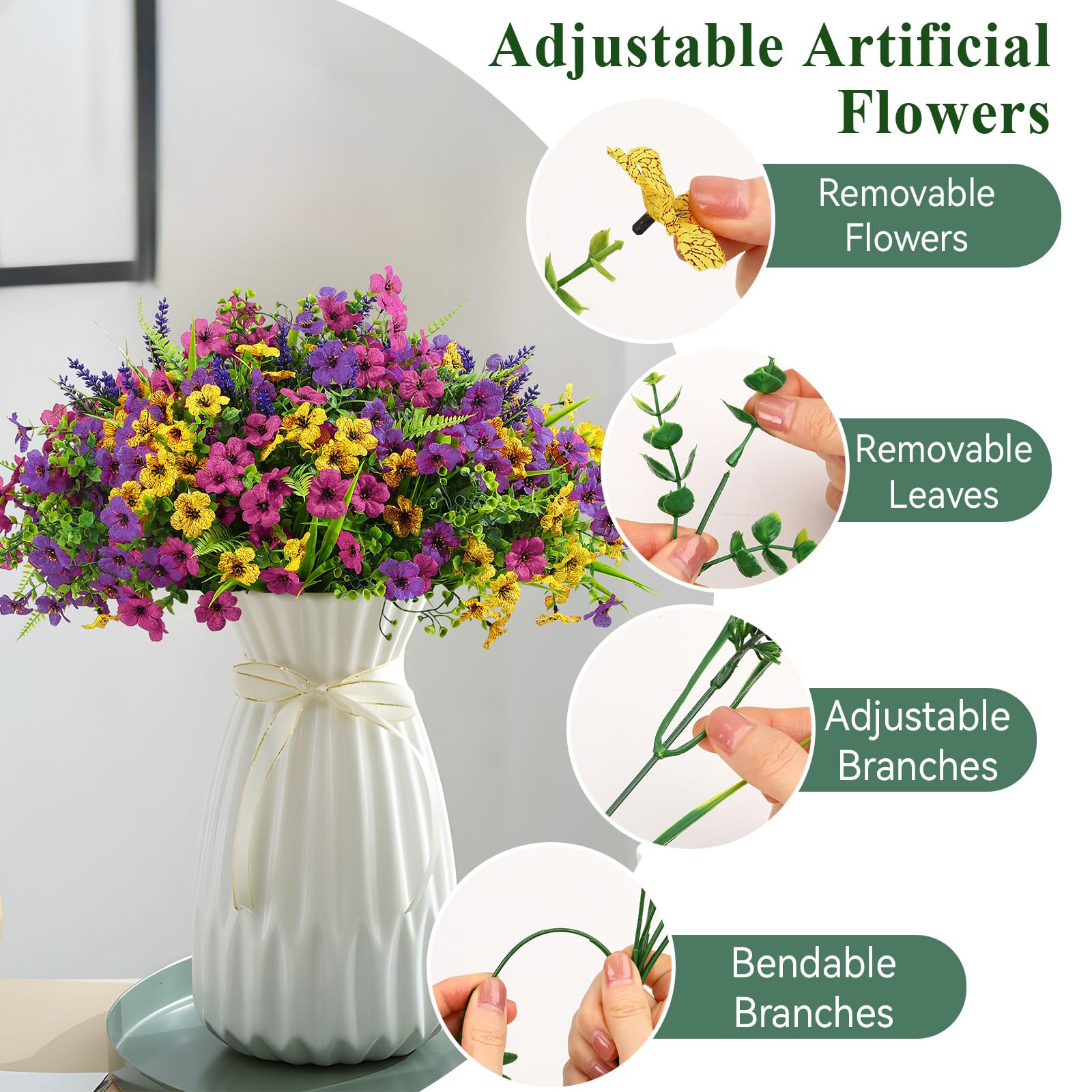 24 Bundles Artificial Flowers, UV Resistant Eucalyptus Violet and Lavender Silk Fake Plants, Yellow Rose Purple - SHareconn