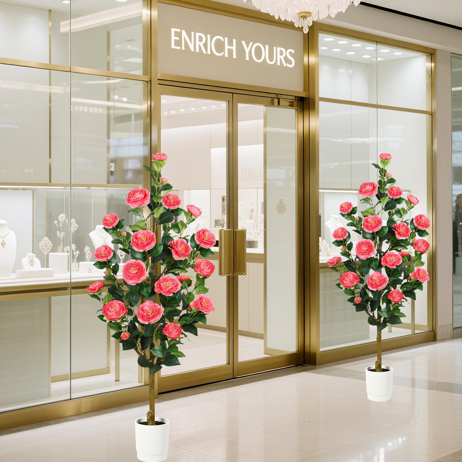 4FT Artificial Camellia Tree with 40 Pink Blooming Flowers Pink 2 Pack - SHareconn