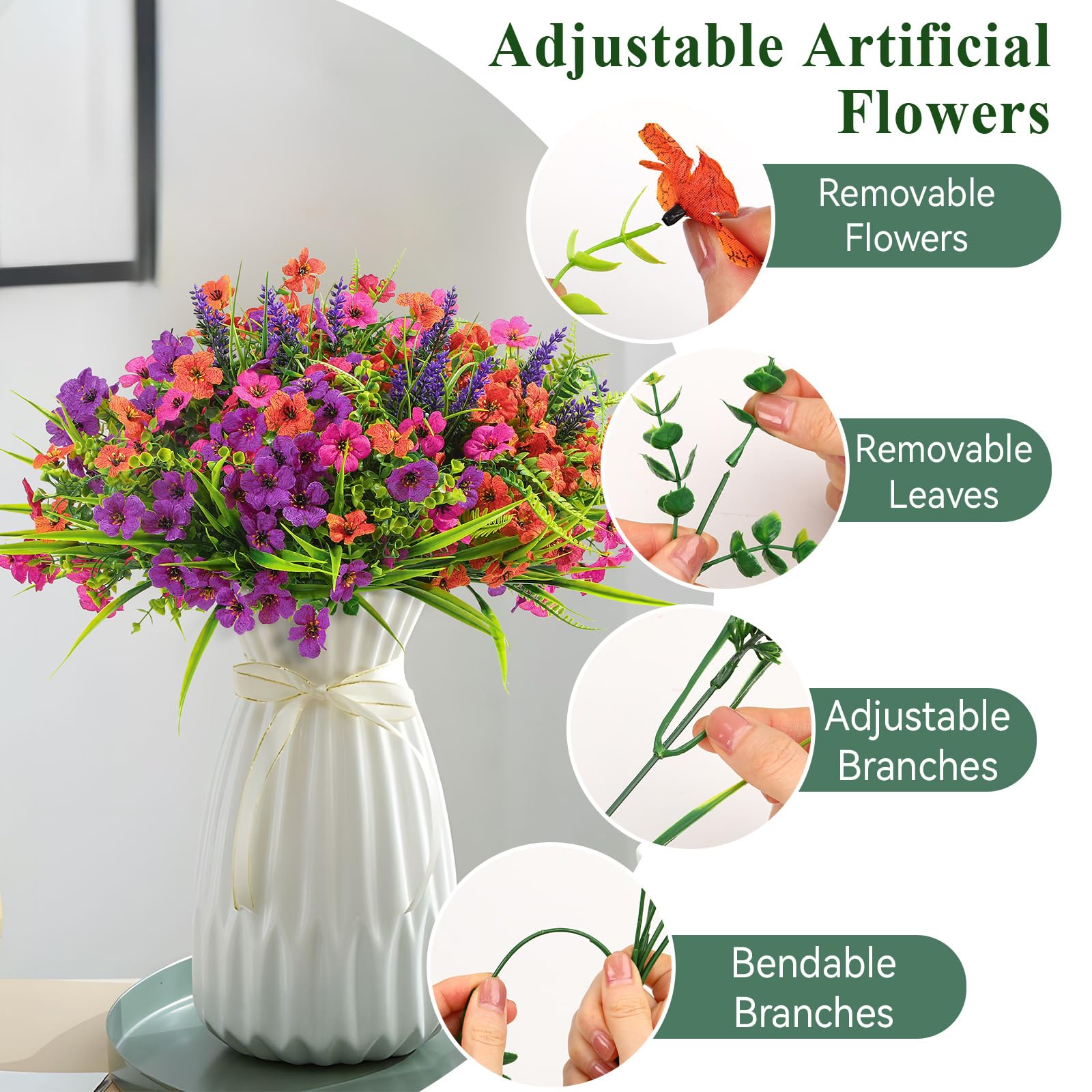 24 Bundles Artificial Flowers UV Resistant Eucalyptus Violet and Lavender- Orange Rose Purple - SHareconn