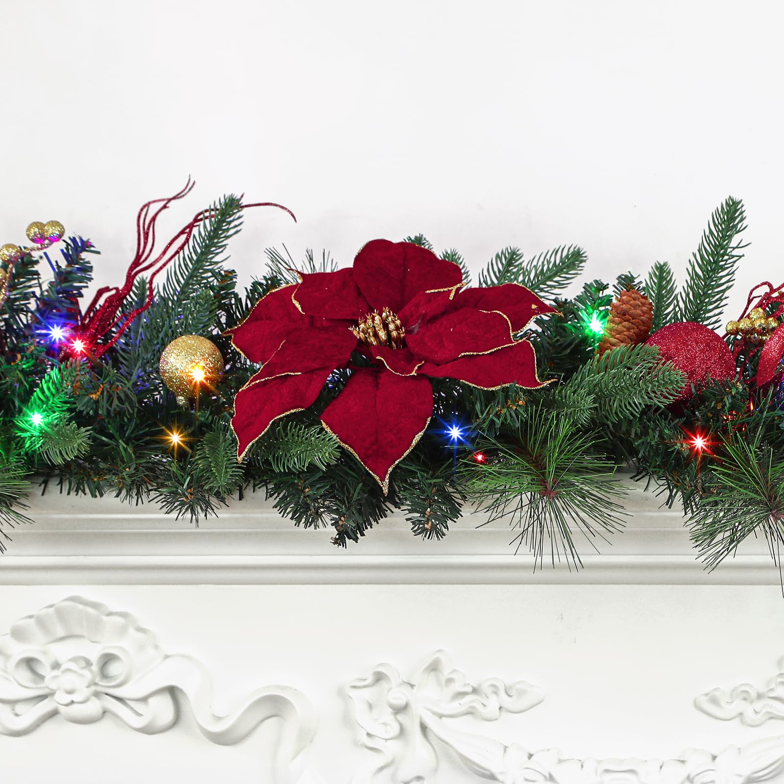 9FT Pre-Lit Christmas Garland with LED Lights & Timer – Red Poinsettia, Pine Cones, Gold Berries & Ornaments for Mantle, Fireplace, Stairs | Battery Operated, Indoor & Outdoor