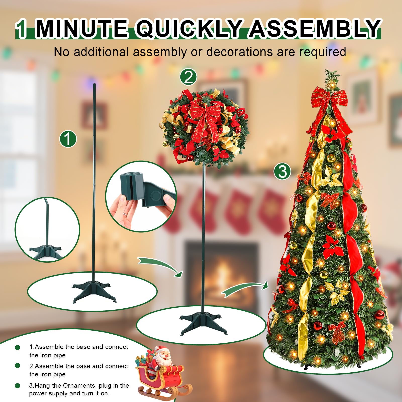 4ft Pop Up Warm White & Multi-Color Lights Artificial Christmas Tree with Red&Gold Decorations