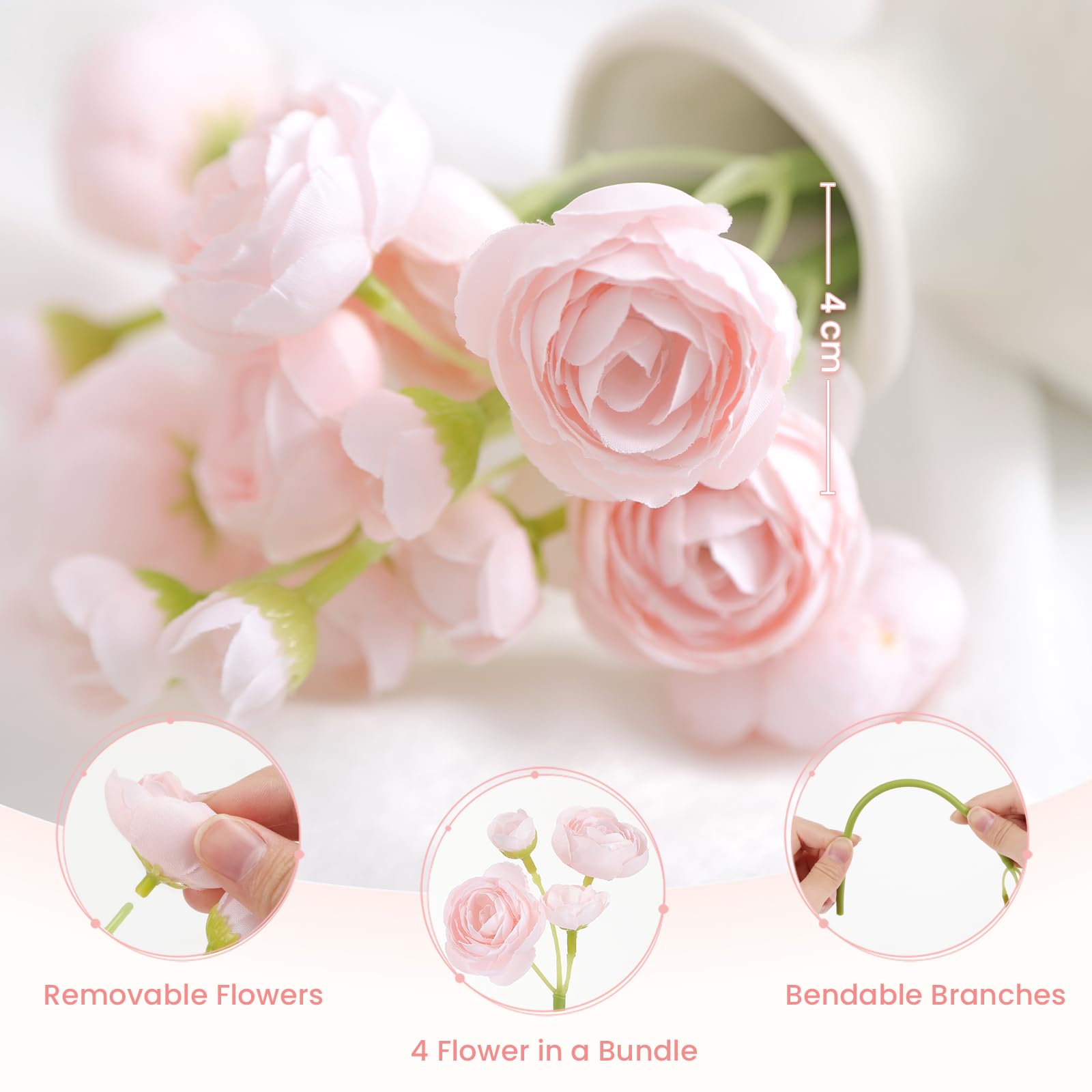 30Pcs Pink Ranunculus Artificial Flowers Faux Silk Mini Ranunculus